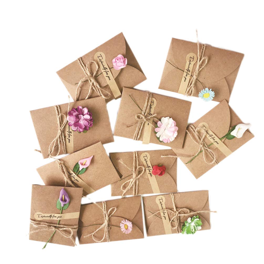 10pcs Vintage Dried Flowers Greeting Cards - Valentine's Day Note Cards, Kraft Paper Invitations, DIY Wish Cards (Random Styles) - Perfect for Weddings, Anniversaries & Romantic Gifts