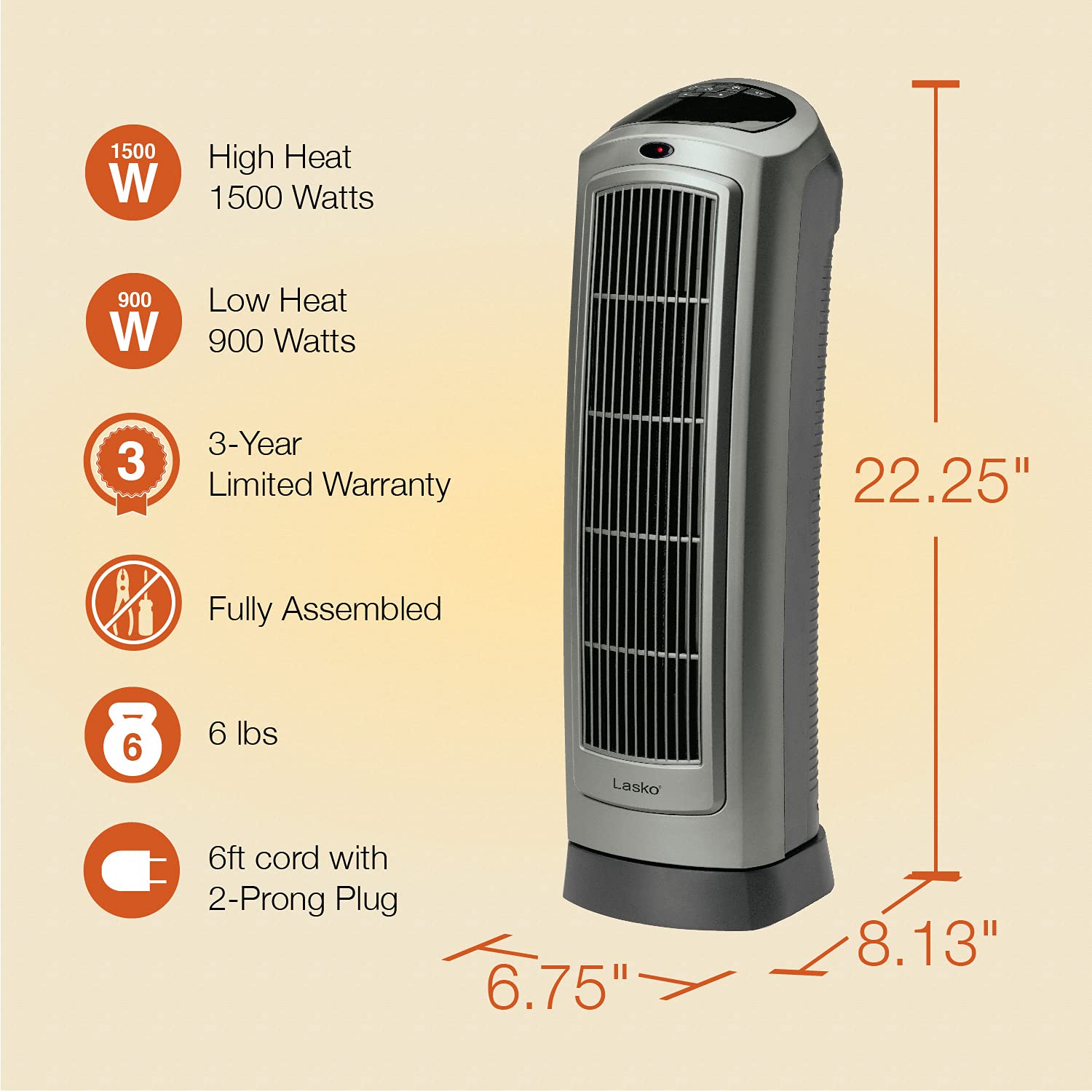 Lasko 1500W Portable Oscillating Ceramic Tower Space Heater with Digital Display & Remote Control - 2 Heat Settings, 8-Hour Timer, Overheat Protection - Perfect for Bedroom, Office, Living Room (Gray)