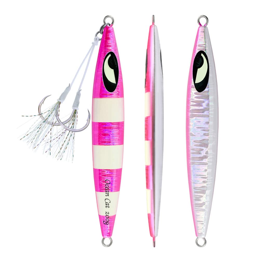OCEAN CAT Lead Metal Flat Slow Fall Pitch Fishing Jigs - Vertical Sinking Lures with Butterfly Hook for Saltwater Fishing - Perfect for Deep Sea Jigging & Offshore Angling