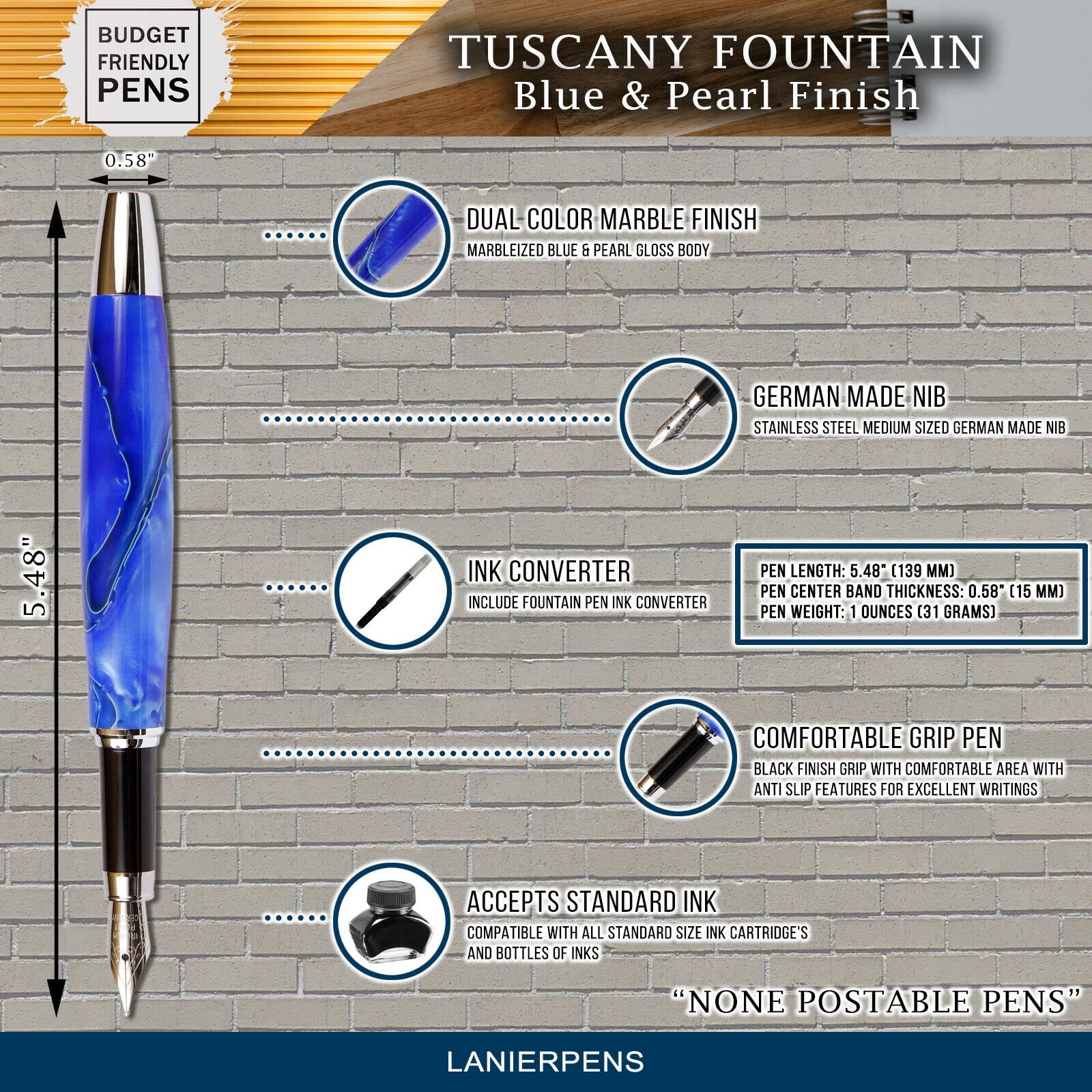 Premium Tuscany Fountain Pen with Blue & Pearl Marbleized Gloss Body - Elegant Writing Instrument for Calligraphy, Journaling & Gifts - Perfect for Office, School & Special Occasions