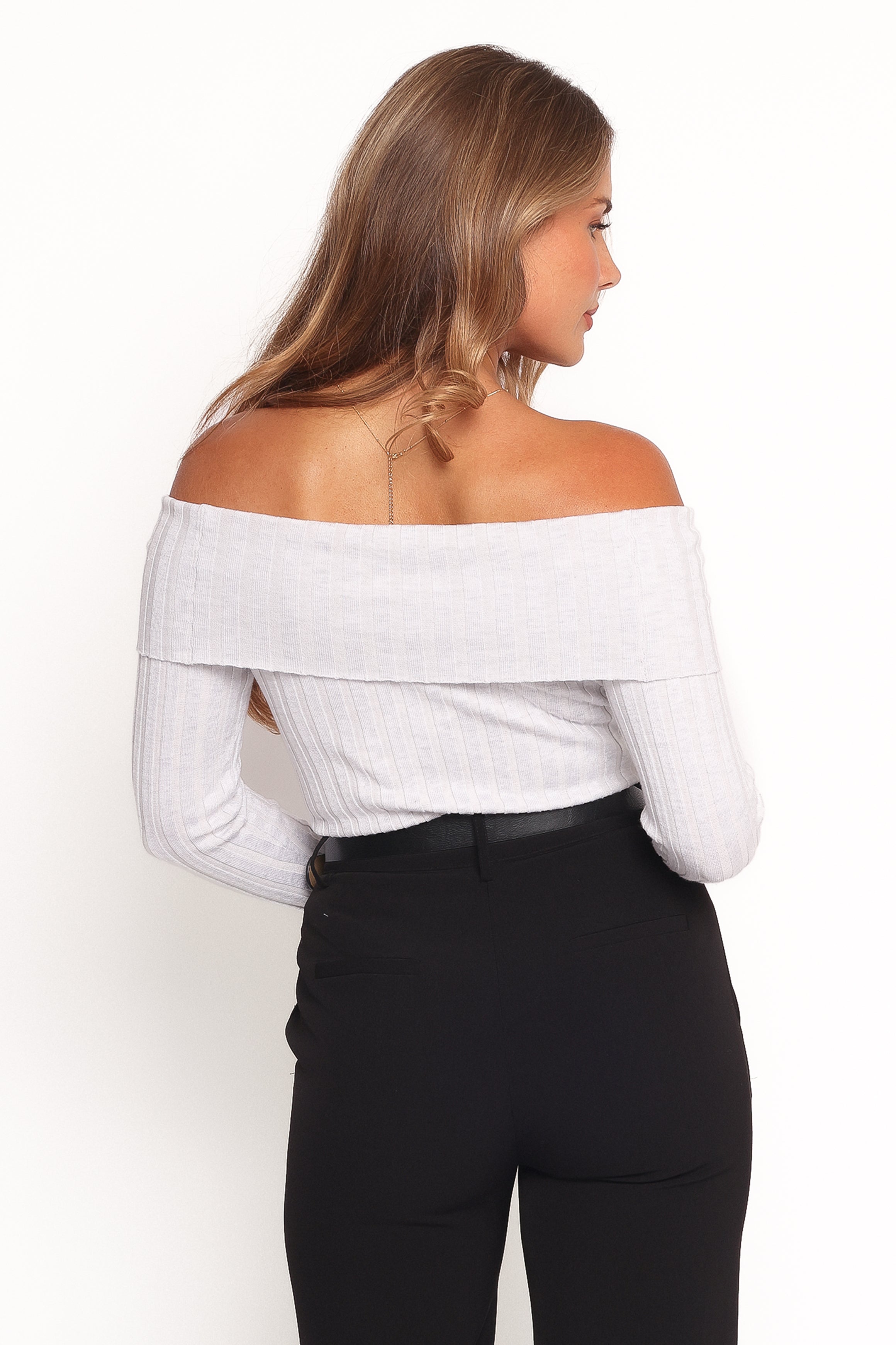 Anderson Women's Wide Rib Off Shoulder Top - Soft Pastel Grey Casual Blouse for Summer Outings & Beach Vacations