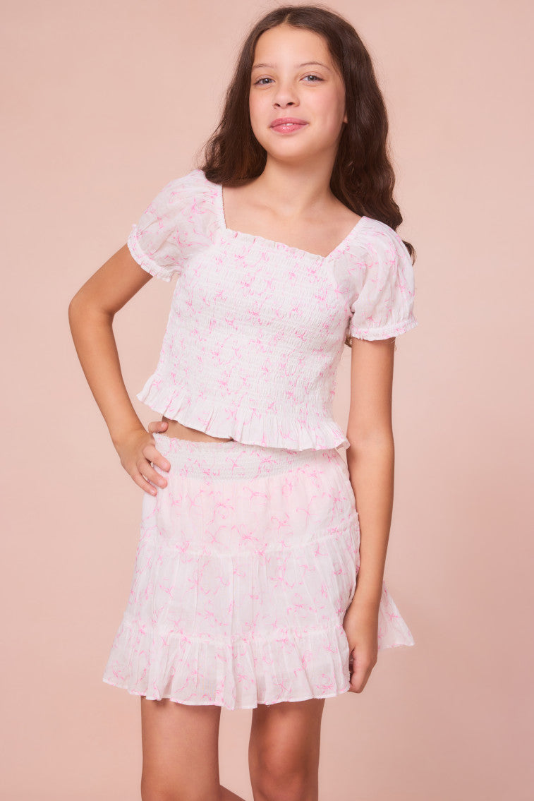 Girls Ruffled Bow Print Mini Skirt - Cute A-Line Denim Skirt for Kids | Perfect for School, Parties & Photo Shoots