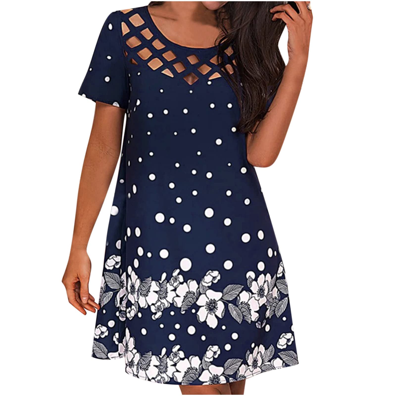 Women's Floral Short Sleeve T-Shirt Dress - Summer Casual Crewneck Loose Fit Hollowed Tunic Mini Dress for Beach, Vacation & Outdoor Activities