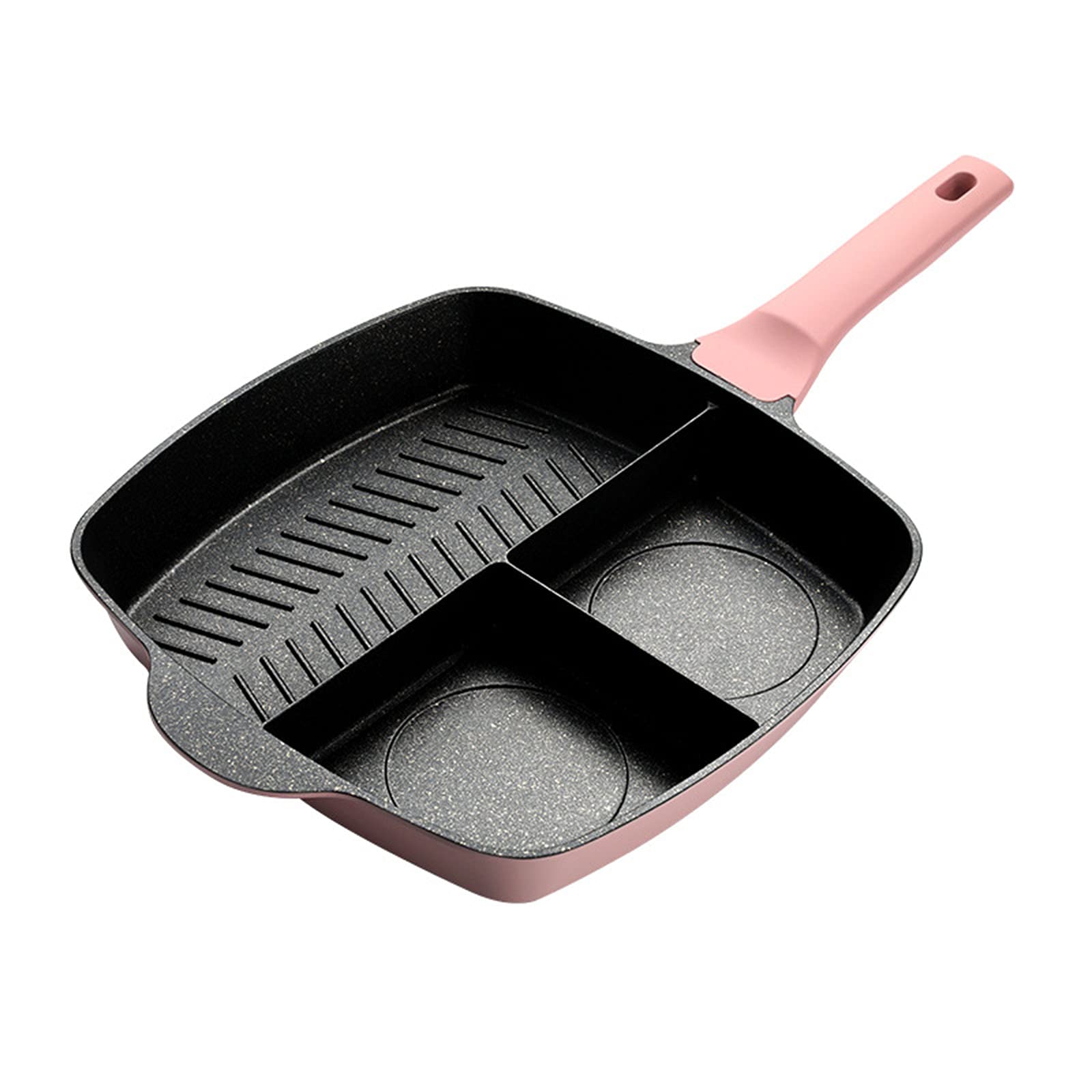 3-in-1 Non Stick Cast Aluminum Breakfast Frying Pan - 28cm Multi-Section Grill Griddle for Eggs, Bacon & Pancakes - Induction Compatible All Cookware - Perfect for Family Breakfast & Camping Cooking (Pink)