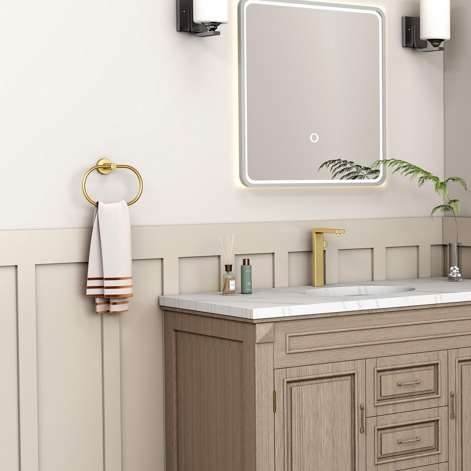 Angle Simple Towel Ring - Premium SUS 304 Stainless Steel Swivel Hand Towel Holder Rack for Bathroom - Brushed Gold Finish - Perfect for Modern Bathrooms, Kitchens & Powder Rooms