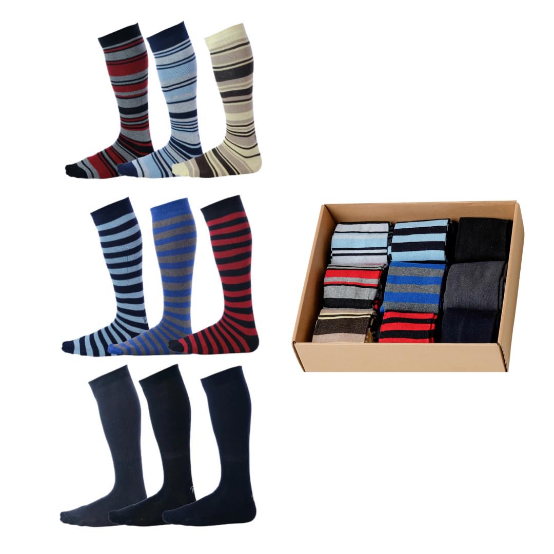 Premium Pierre Henry Men's Over the Calf Dress Socks (9-Pack) | Soft Cotton Long Socks That Stay Up | Perfect for Business, Formal Wear & Everyday Comfort