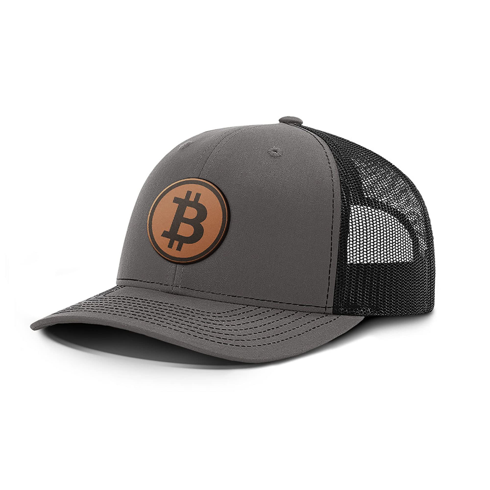 Bitcoin Logo Leather Patch Baseball Cap - Adjustable Snapback Mesh Hat for Men, Breathable & Stylish Casual Wear - Perfect for Crypto Enthusiasts, Outdoor Activities & Everyday Fashion