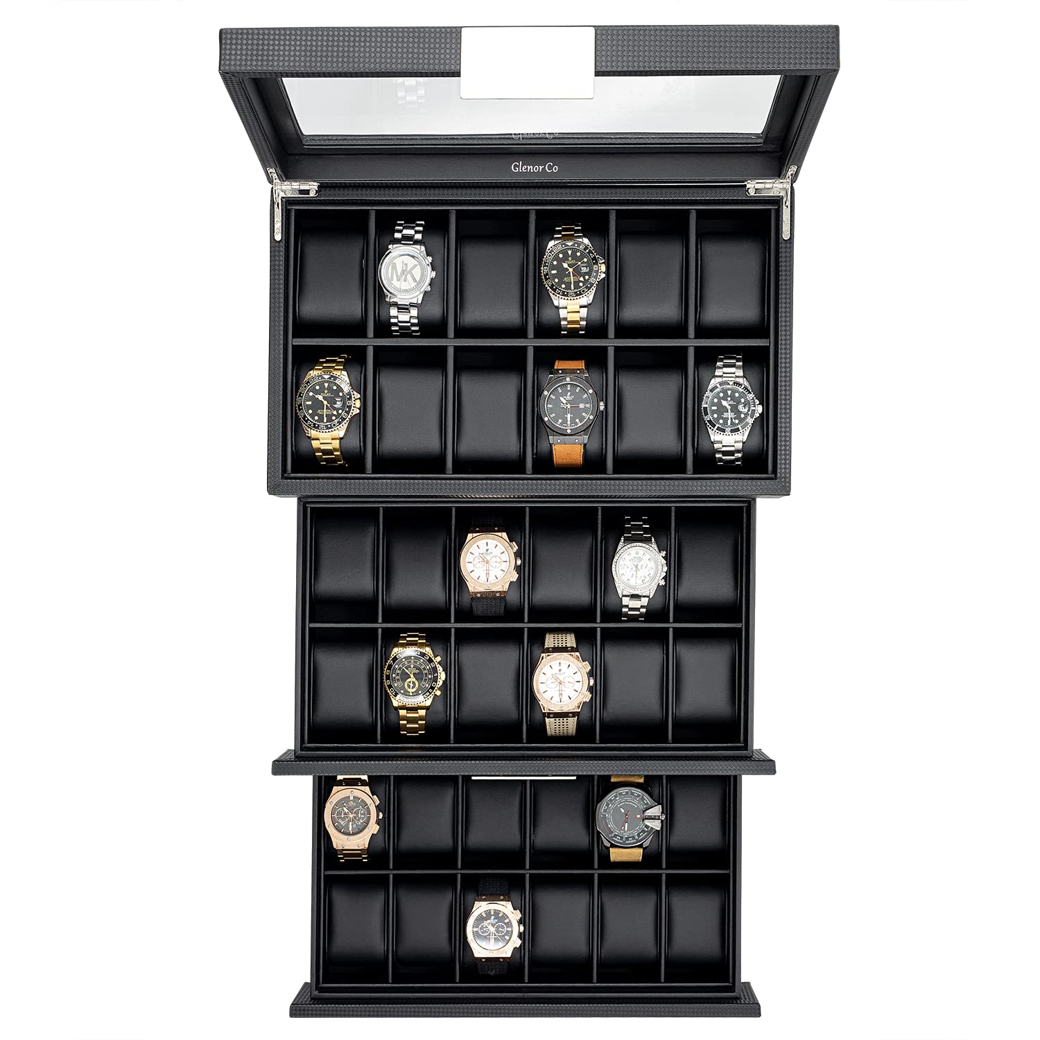 36-Slot Luxury Carbon Fiber Watch Box for Men with Large Glass Lid - Elegant Watch Display Case with Metal Accents & Sturdy Hinges - Perfect Watch Organizer for Dress Watches, Sports Watches & Collector's Timepieces - Ideal for Home Display, Office Decor & Gift Giving
