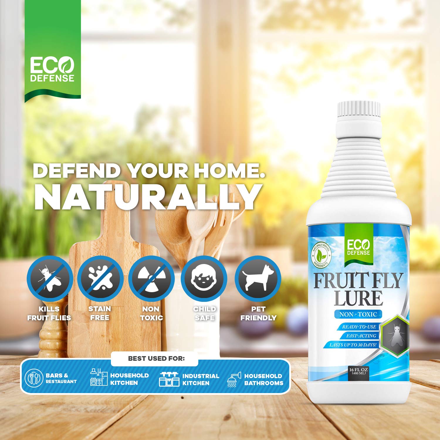 Eco Defense Fruit Fly Killer – Natural Indoor Fly Trap for Kitchen, Bathroom & Restaurants | Drain Fly Killer Treatment | Safe & Effective 16 oz | Ideal for Home, Office & Commercial Use