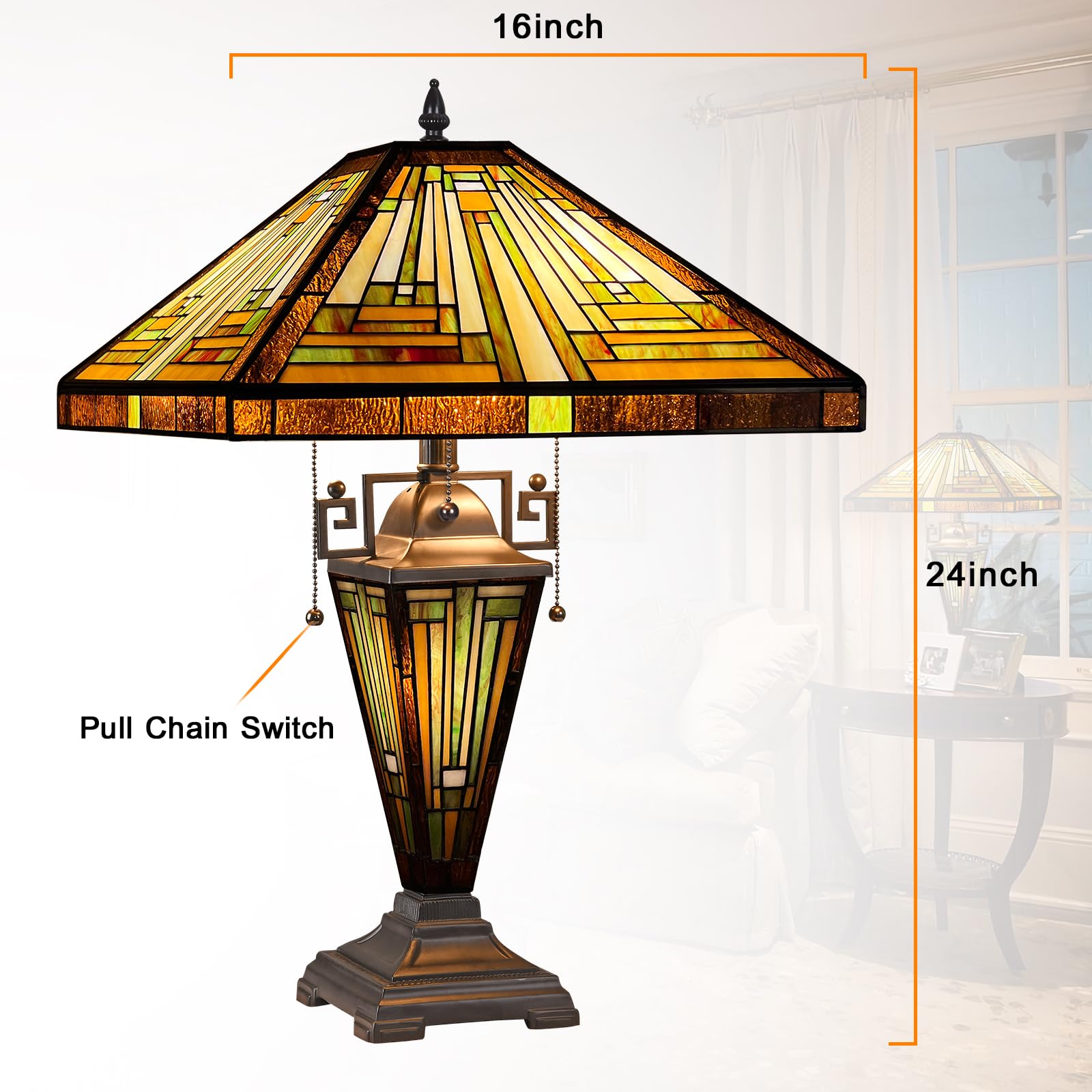 Tiffany Style Stained Glass Table Lamp - Capulina 3-Light Amber Brown Mission Desk Lamp (16x16x24 Inches) for Living Room, Bedroom & Home Office | Perfect for Reading, Decor & Ambient Lighting