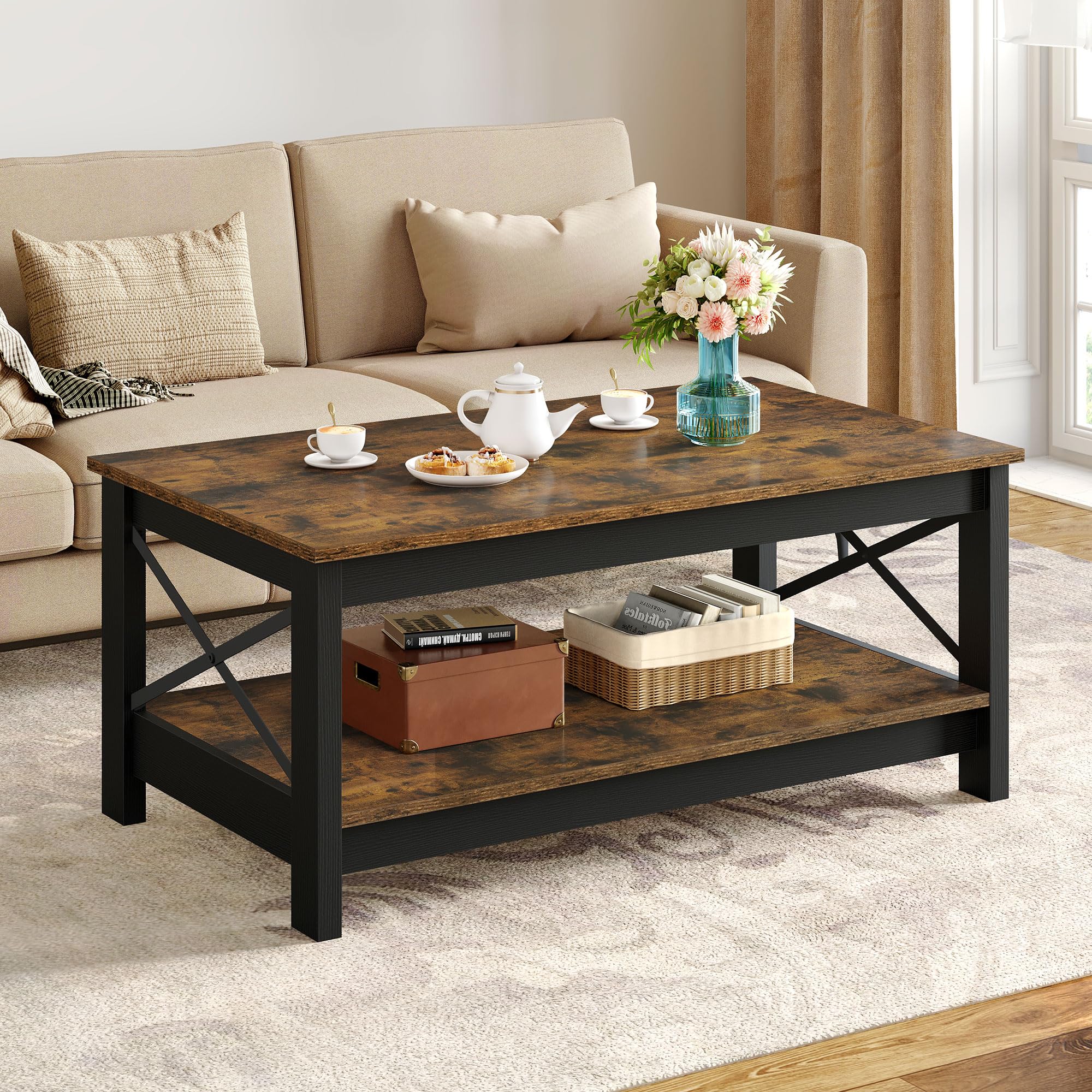 Modern Farmhouse Coffee Table with Storage - 2-Tier Wooden Living Room Center Table, Rustic Brown Accent Cocktail Table with Sturdy Frame | Perfect for Small Spaces, Farmhouse Decor & Cozy Living Rooms