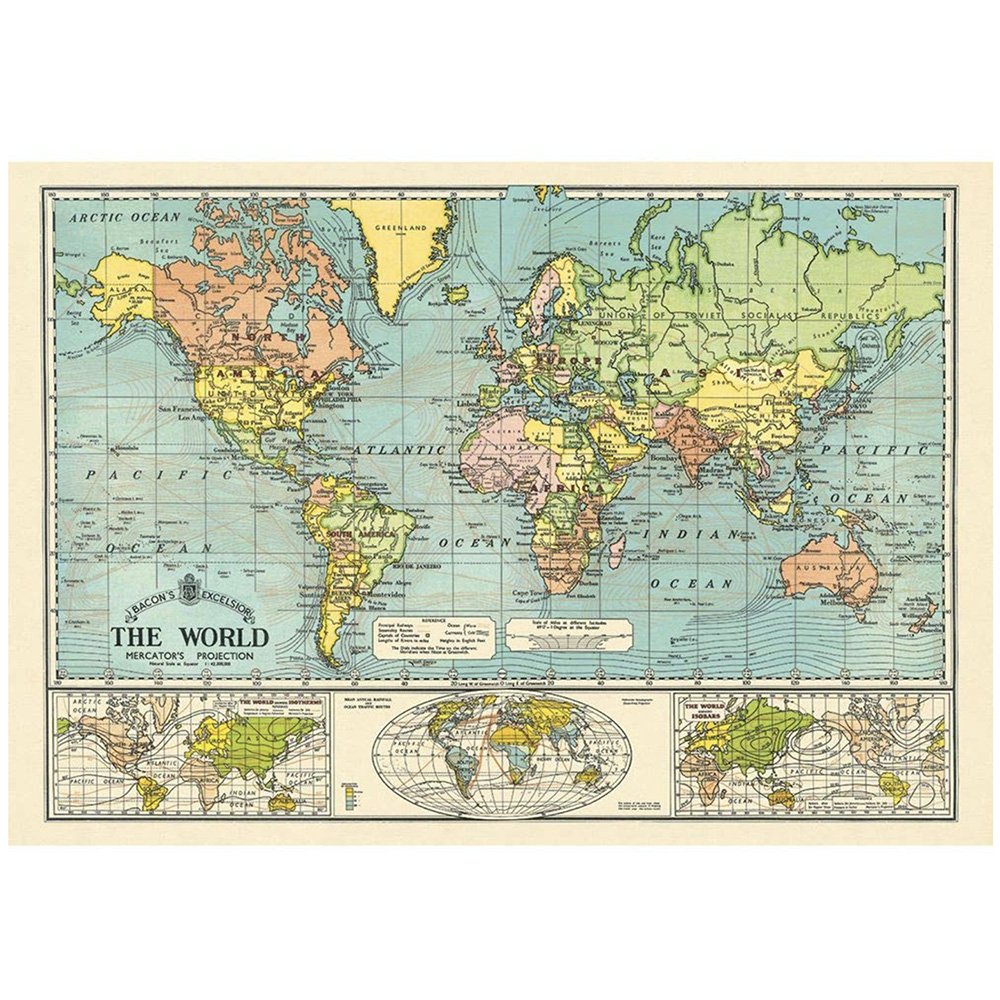 Premium Wrap Mercator's Projection World Map Poster - Vintage Style Decorative Wall Art for Home, Office & Classroom Decor - Perfect for Geography Lovers & Educational Spaces