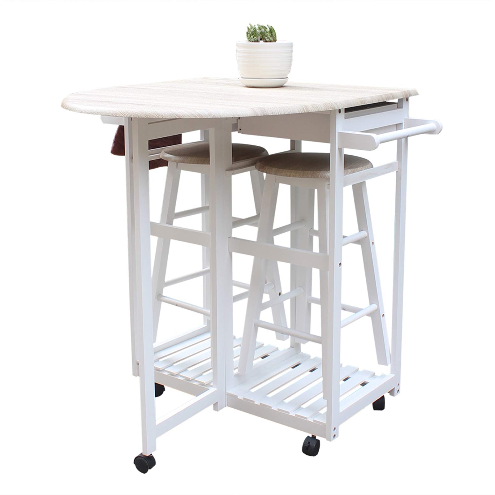 Foldable Dining Table Set with 2 Stools - Space Saving Wooden Drop Leaf Table with 2 Storage Drawers & Handles, Beige - Perfect for Small Apartments, Kitchens, Dorms & RV Living