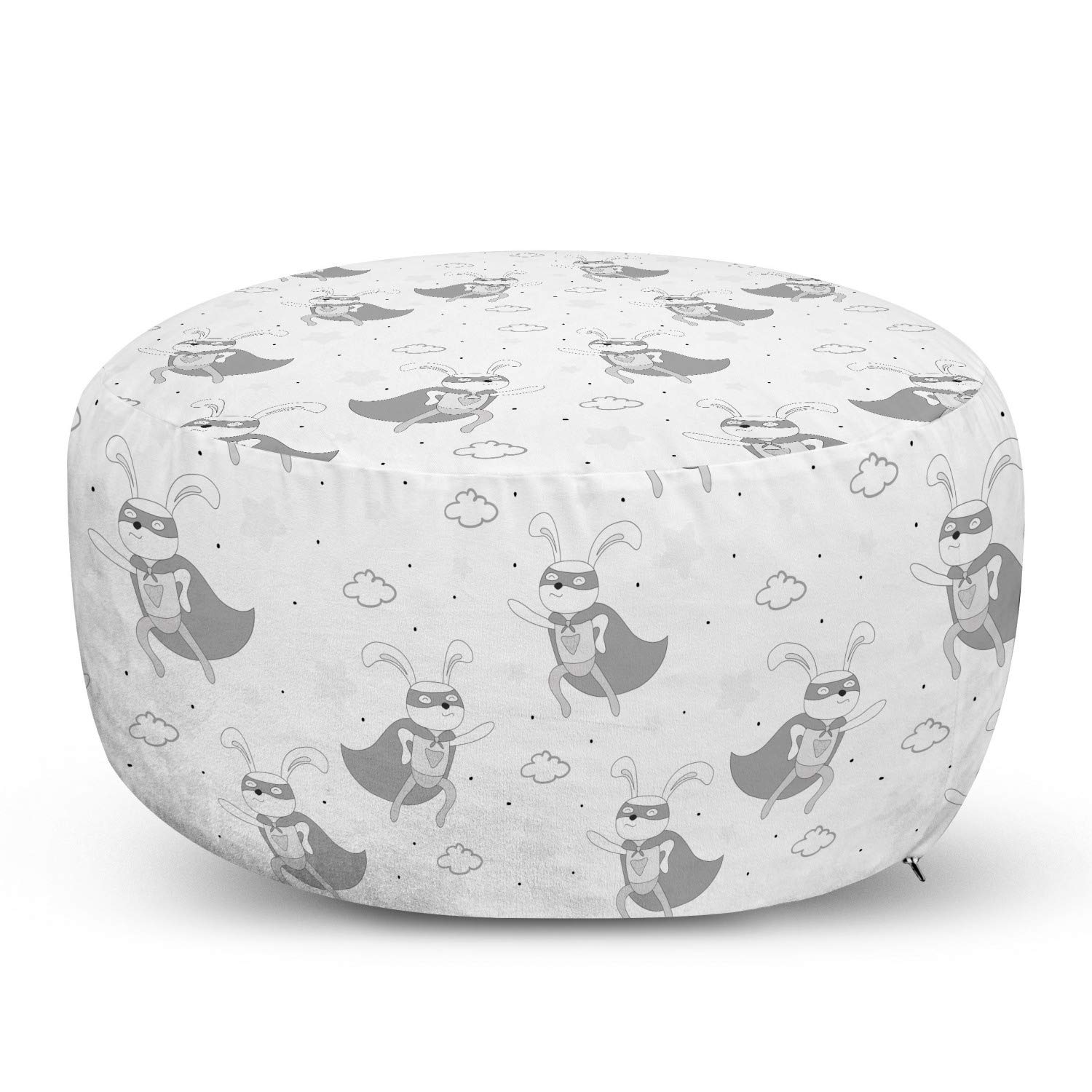 Ambesonne Cartoon Ottoman Pouf - Superhero Rabbit Comic Design, Soft Foot Rest with Removable Cover for Living Room & Bedroom - Grey & White - Perfect for Easter Decor, Kids Playroom & Cozy Home Accent