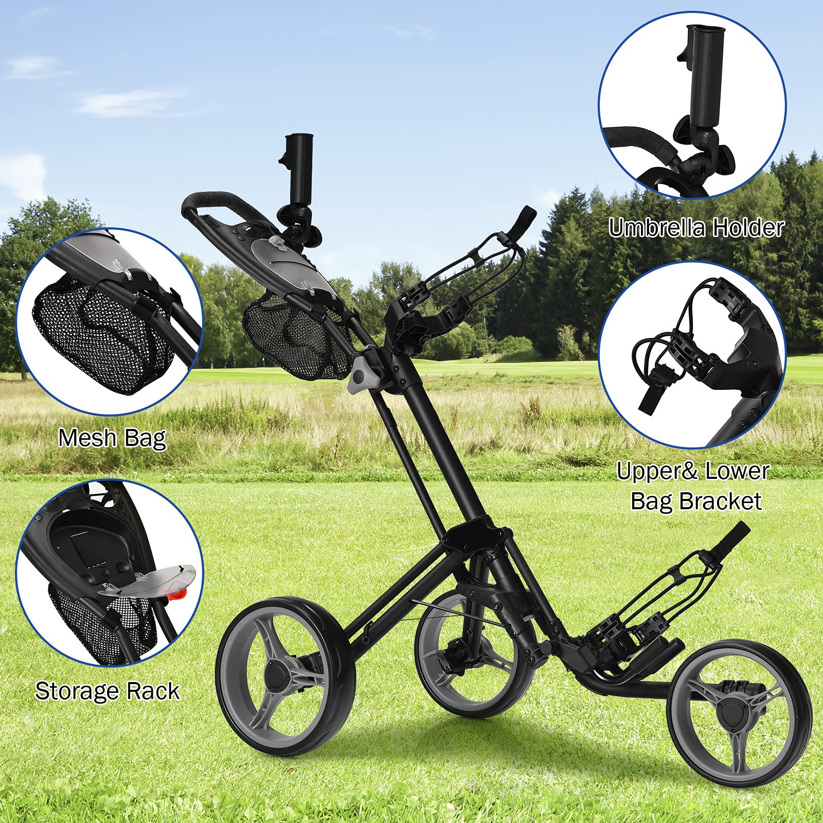 GYMAX 3-Wheel Folding Push Cart - Adjustable Height Lightweight Golf Trolley with Umbrella Holder & Mesh Bag - Quick Open Fold Design for Golfers - Perfect for Golf Courses, Parks, and Outdoor Activities