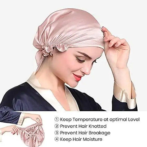 Luxury Silk Sleep Cap with Adjustable Ribbons for Women - Soft & Breathable Night Hair Cover for Sleeping, Travel & Spa