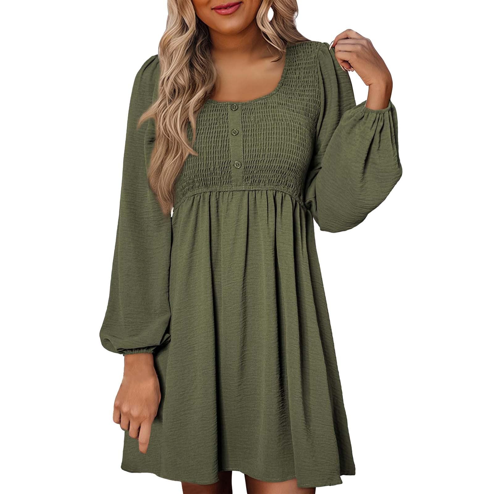 Women's Casual A-Line Flowy Midi Dress - Smocked Crewneck Long Sleeve Comfortable Fall Dress for Work, Date Night & Everyday Wear