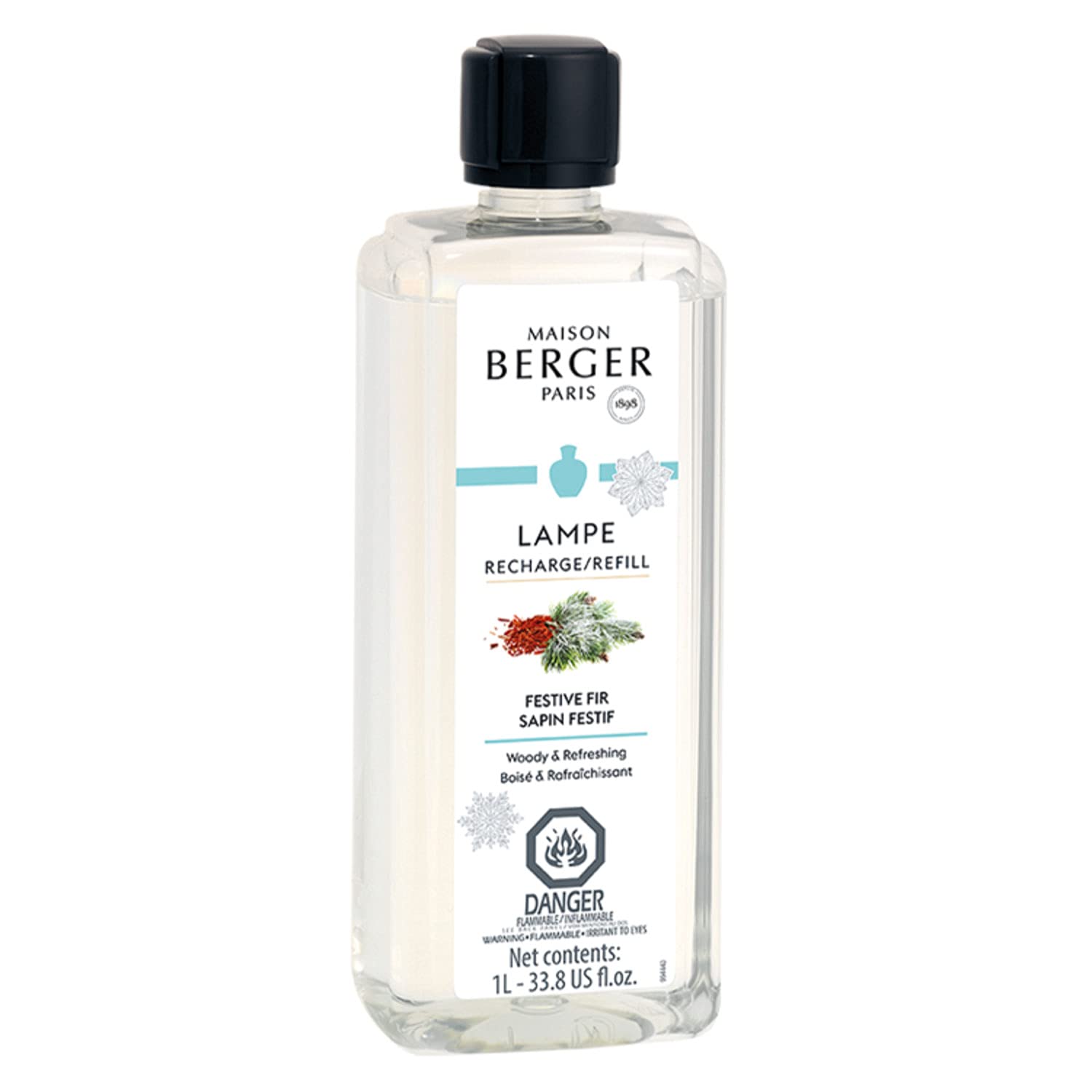 MAISON BERGER Festive Fir Scented Oil Refill for Home Fragrance Diffuser - 33.8oz (1L) Air Freshener for Living Room, Bedroom & Office - Holiday & Everyday Aromatherapy