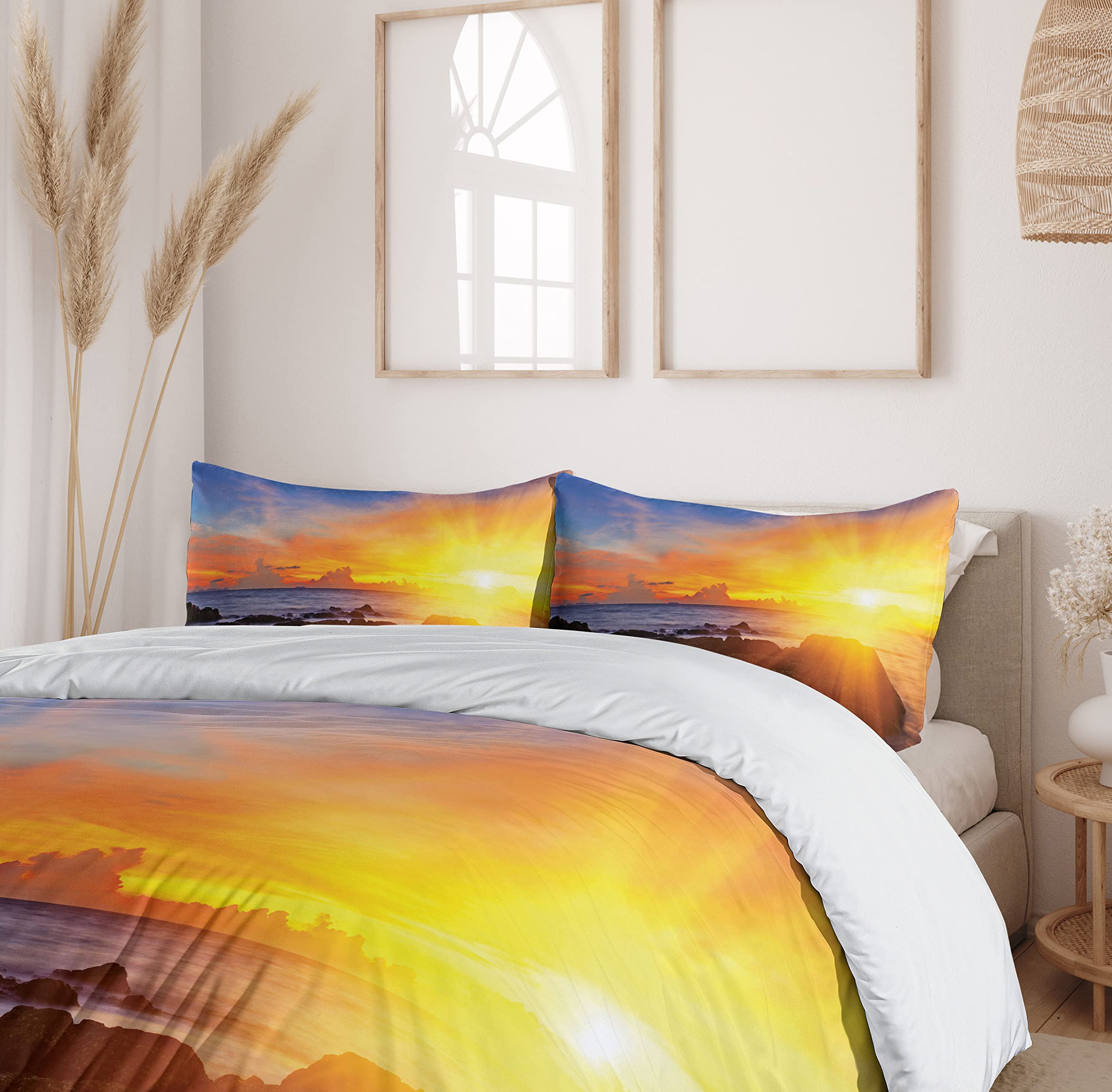 Ambesonne Beach Duvet Cover Set - Vibrant Tropical Sunset Print 3-Piece Bedding (California King, Orange & Blue) with 2 Pillow Shams | Coastal Decor, Summer Bedroom Upgrade, Vacation Home Styling
