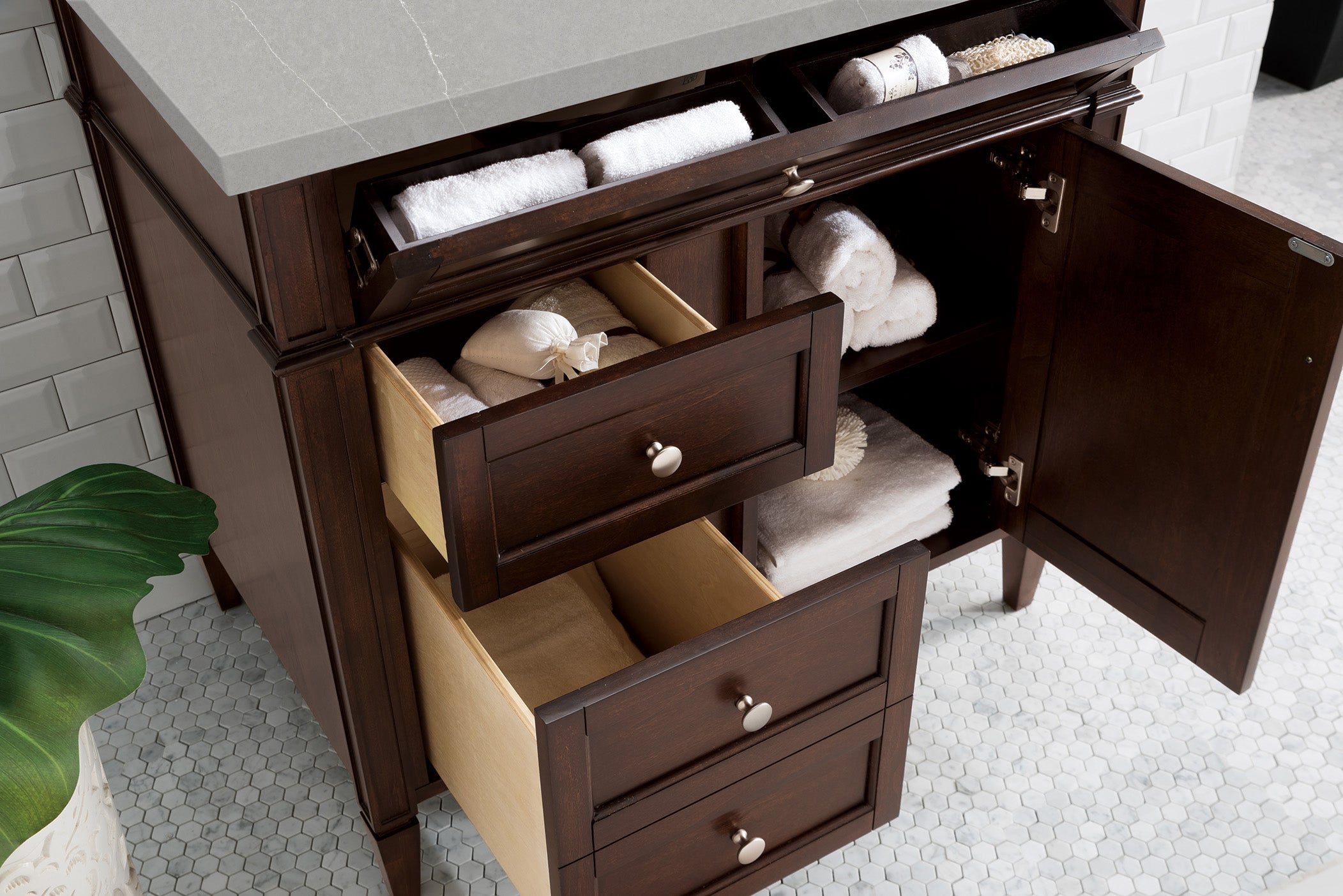 Brittany 36 Inch Burnished Mahogany Bathroom Vanity with 3CM Eternal Serena Quartz Countertop - Perfect for Master Bathroom & Powder Room Remodeling