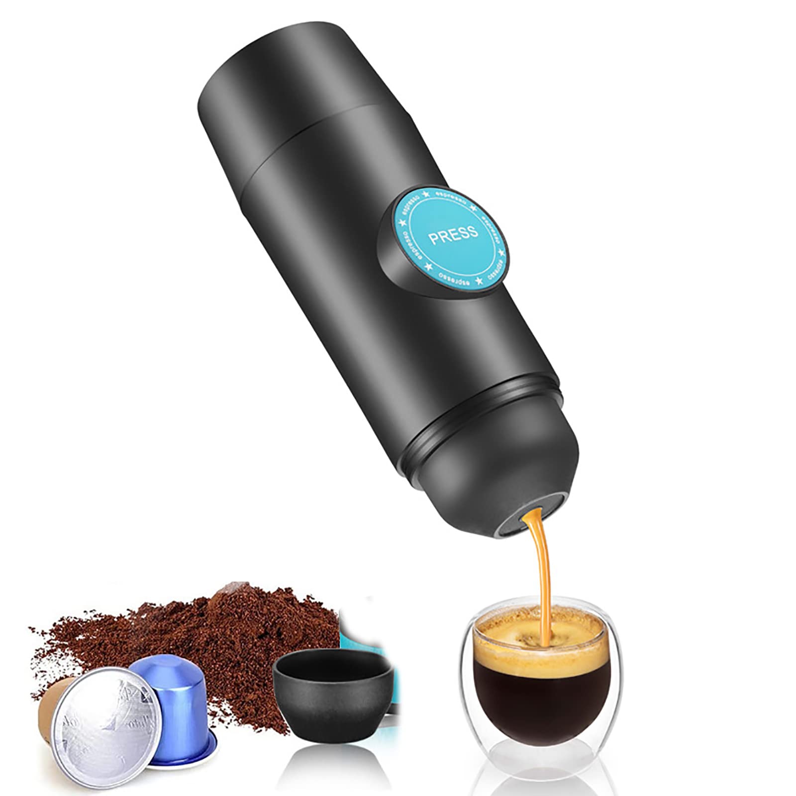 Portable Mini Espresso Machine - 18 Bar Pressure Rechargeable Travel Coffee Maker for Nespresso Capsules & Ground Coffee, Compact Black Espresso Maker for Camping, Office & Outdoor Adventures