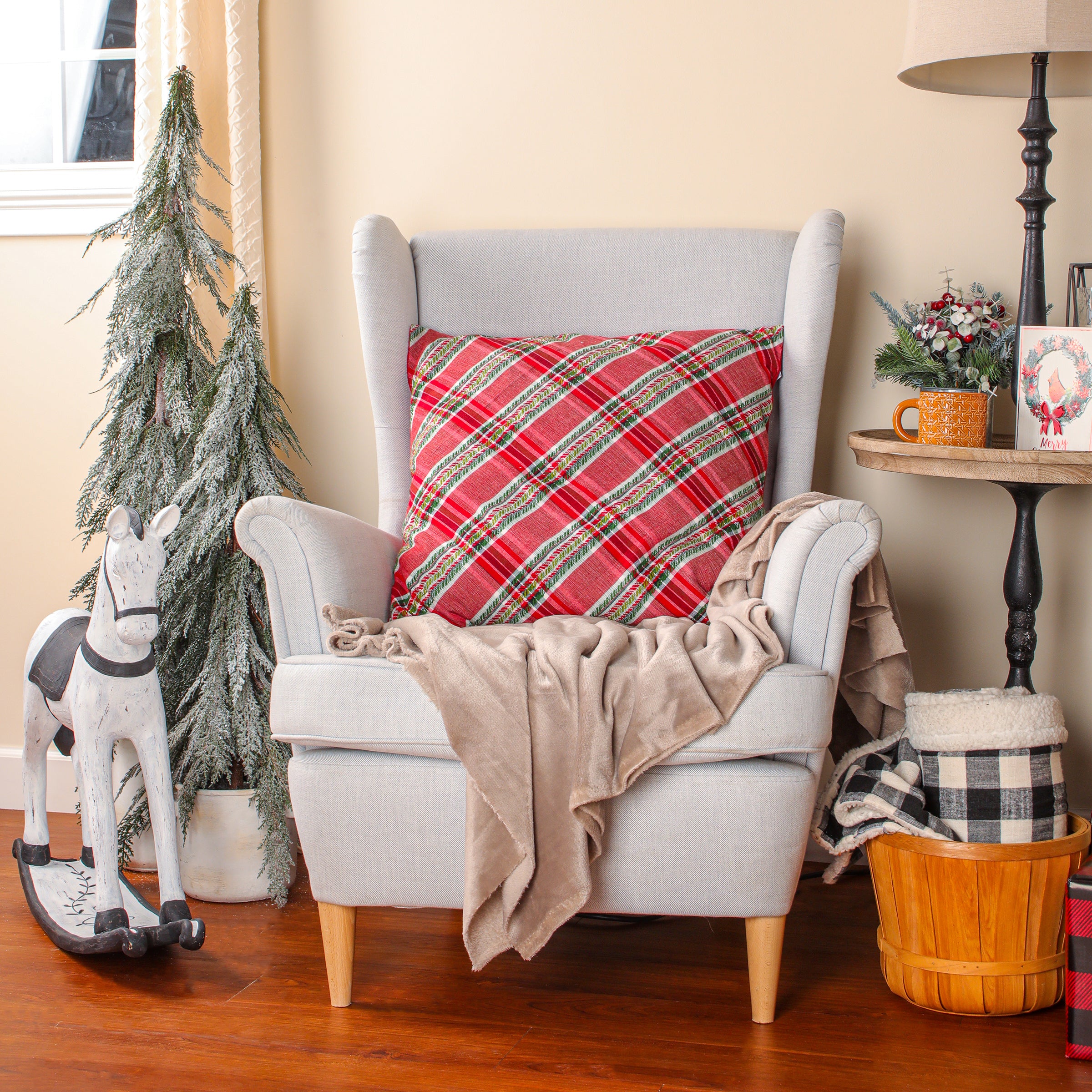24 Inch HGTV Home Collection Bias Cut Red Plaid Throw Pillow - Perfect for Sofa, Bed & Living Room Decor