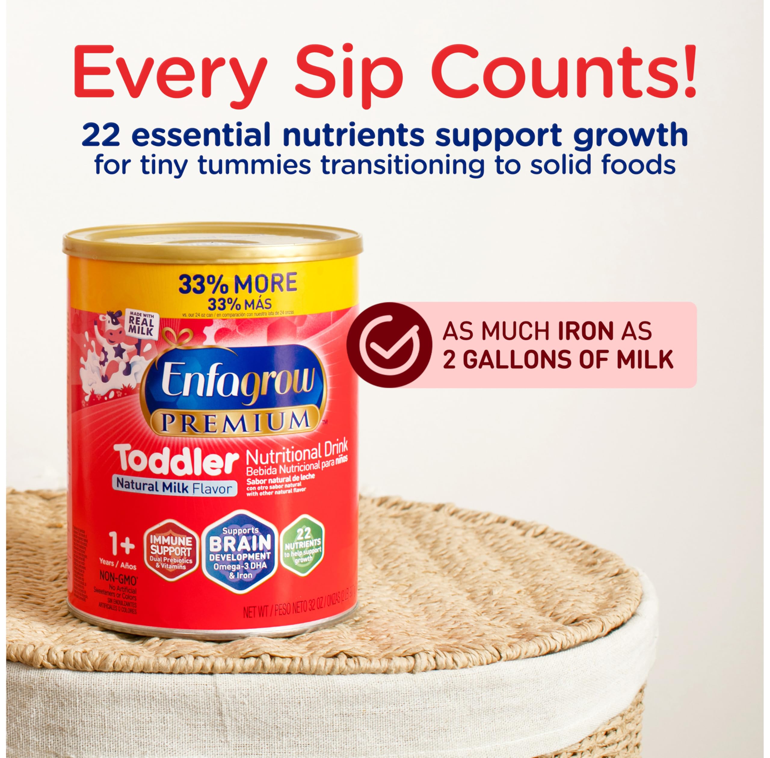 Enfagrow PREMIUM Toddler Nutritional Drink Powder with Real Milk, Omega-3 DHA for Brain Development, Prebiotics for Immune Support - Non-GMO Baby Formula (32 Oz Can, Pack of 6) - Ideal for Growing Toddlers' Daily Nutrition & Immune Health