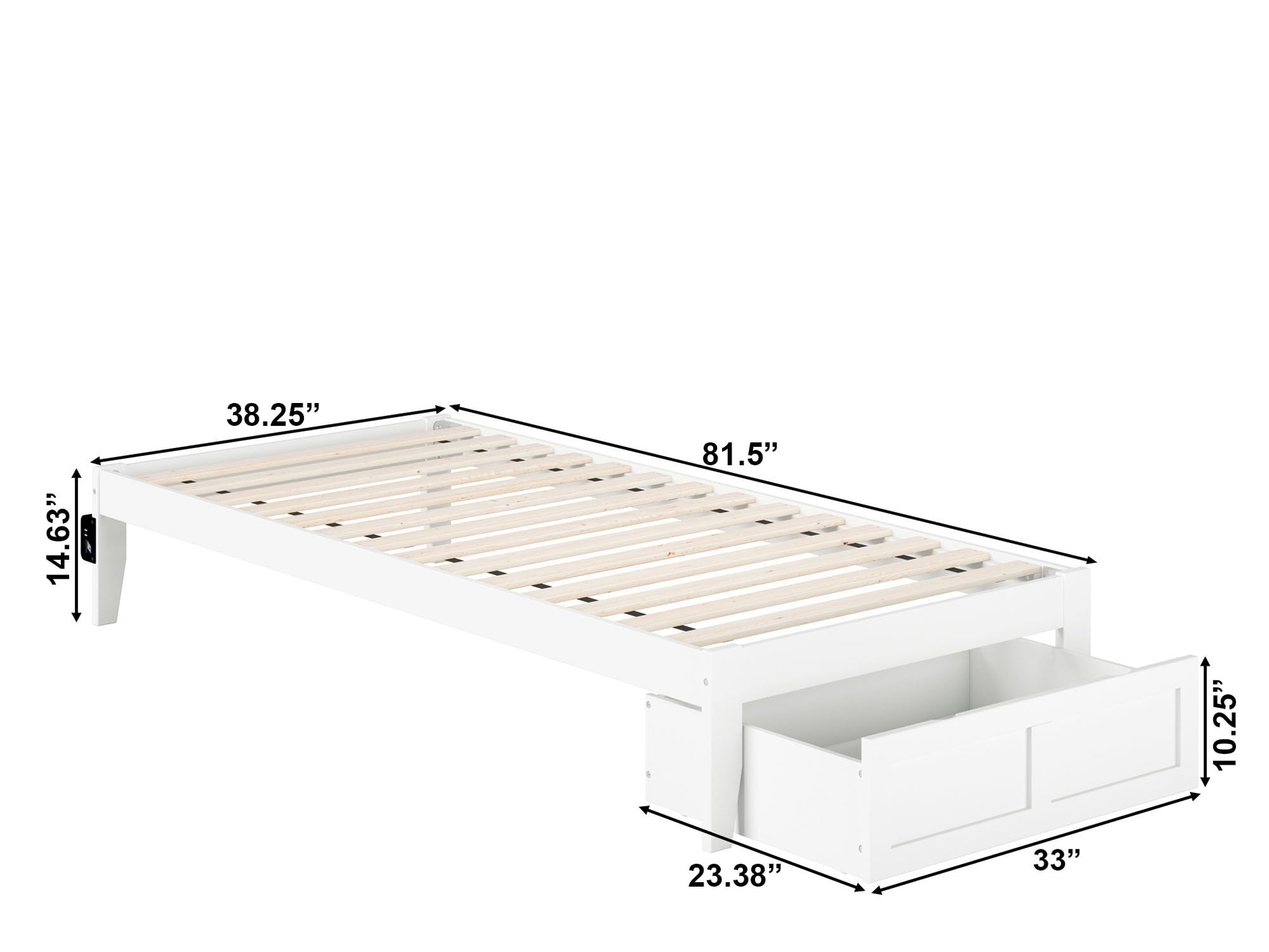 AFI Colorado Twin XL Platform Bed with Foot Drawer & USB Charger - Modern White Wooden Bed Frame for Small Spaces, Dorm Rooms & Guest Bedrooms