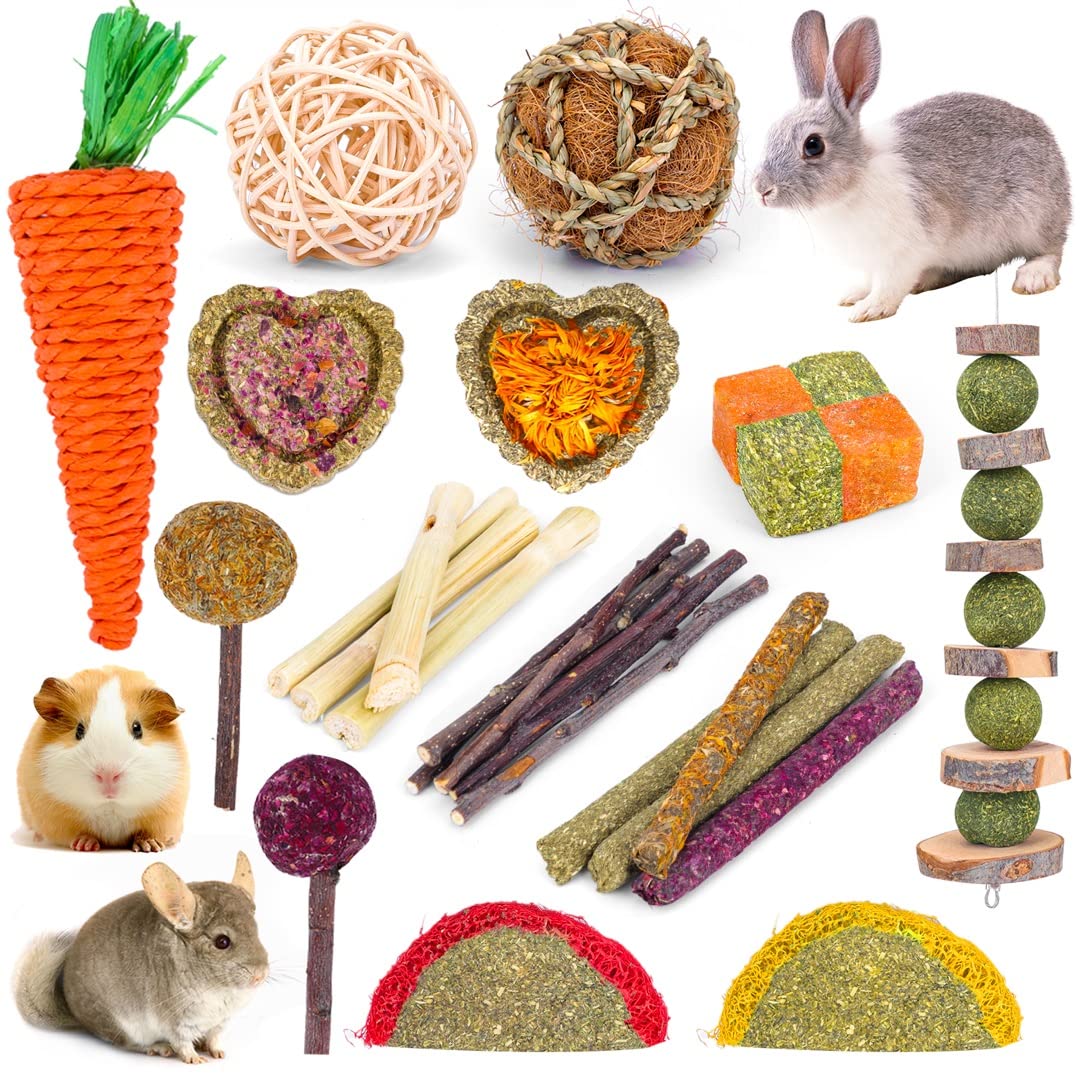 Vespro Natural Timothy Hay Sticks and Balls for Rabbits, Guinea Pigs, Hamsters - Healthy Teeth Care Chew Toys for Small Pets - Perfect for Cage Enrichment and Dental Health