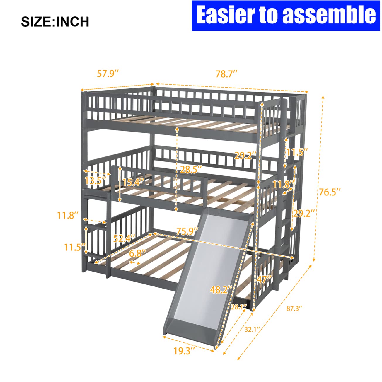 Sturdy Triple Bunk Bed with Slide for Kids - Gray Solid Wood | Space-Saving for Small Rooms