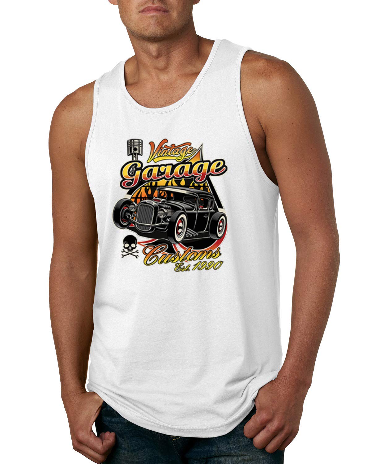 1990 Vintage Garage Customs Hot Rod Classic Car & Truck Graphic Tank Top for Men - Retro Automotive Tee for Car Shows, Cruising & Casual Wear
