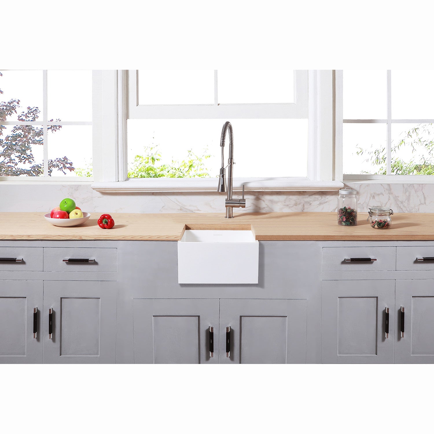 Arcticstone GKUSA15158 15 Inch White Farmhouse Kitchen Sink - Solid Surface Apron Front Single Bowl Bar Prep Sink with Strainer, Matte White - Perfect for Modern Farmhouse & Rustic Kitchen Designs