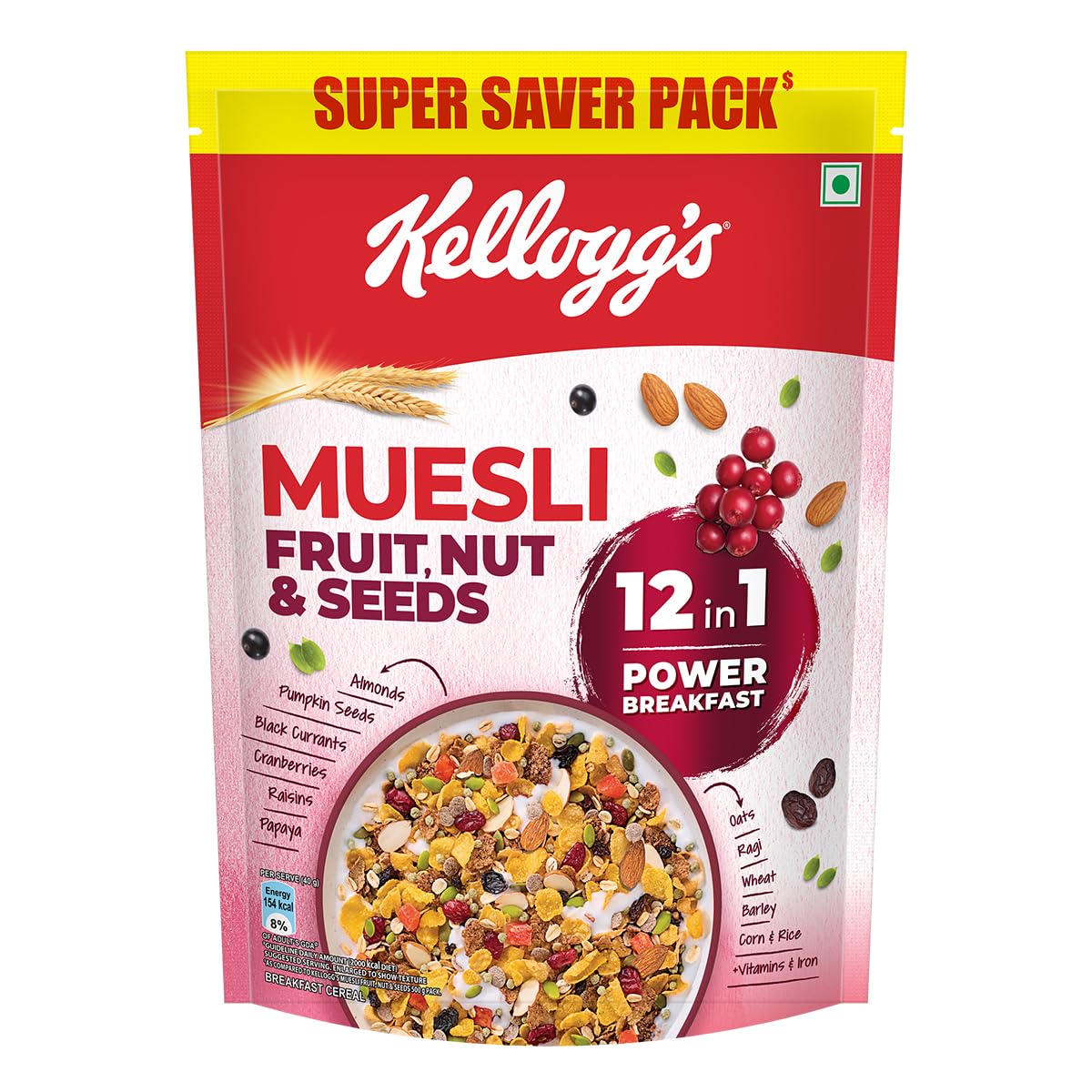 Kellogg's Muesli with Fruits, Nuts & Seeds - 750g | 12-in-1 Power Breakfast Cereal | India's No.1 Multigrain Muesli | Healthy Morning Meal for Weight Loss & Energy Boost | Perfect for Busy Professionals & Fitness Enthusiasts