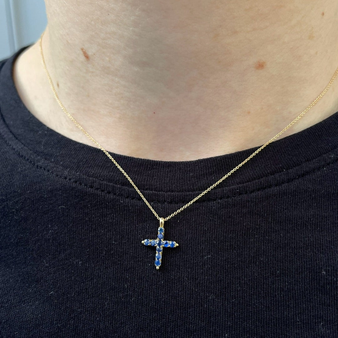 Blue Sapphire Cross 18K Gold Pendant Necklace for Women - Elegant Religious Jewelry Gift for Baptism, Confirmation & Special Occasions