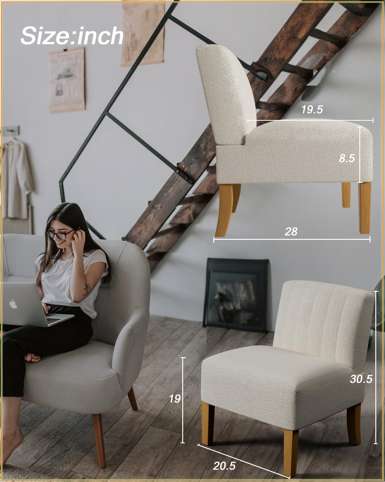 Modern Armless Accent Chair for Bedroom - Solid Wood Legs Upholstered Slipper Vanity Chair, Comfortable Guest & Reading Chair in Beige - Perfect for Bedroom Seating, Dressing Room & Cozy Reading Nook