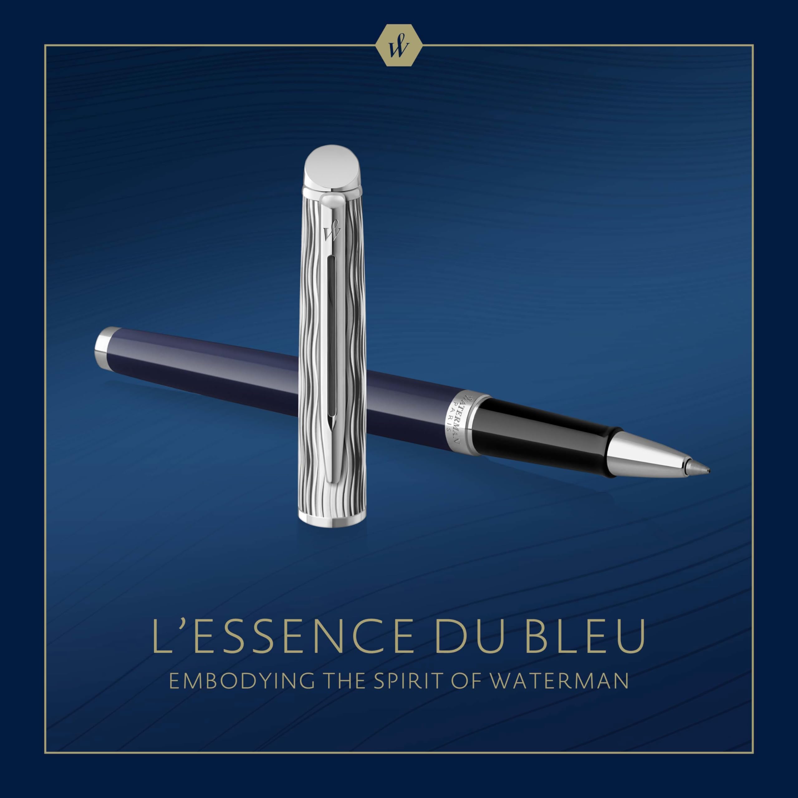 Waterman Hémisphère Rollerball Pen - Premium Metal Blue Lacquer Fountain Pen with Chiselled Cap & Black Ink Refill (Gift Box Included) - Perfect for Business Gifts, Office Use & Luxury Writing