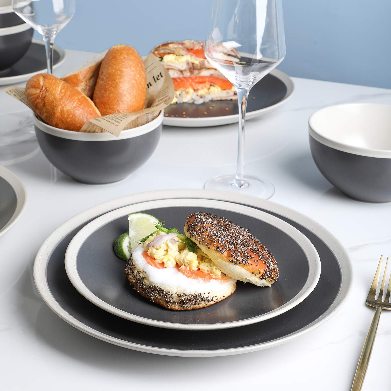 Stone Lain Serenity Stoneware Dish Set - 4 Elegant Salad Plates in Dark Gray & Cream | Perfect for Dinner Parties, Everyday Meals, and Stylish Table Settings