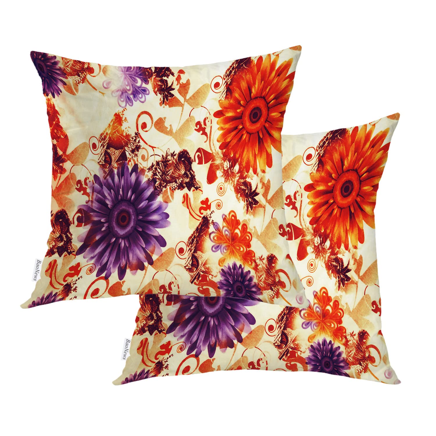 Paisley Floral Seamless Decorative Pillow Covers 18x18 Inch - Cotton Square Cushion Cases with Beautiful Flower Art Pattern for Sofa, Bed, Living Room & Home Decor