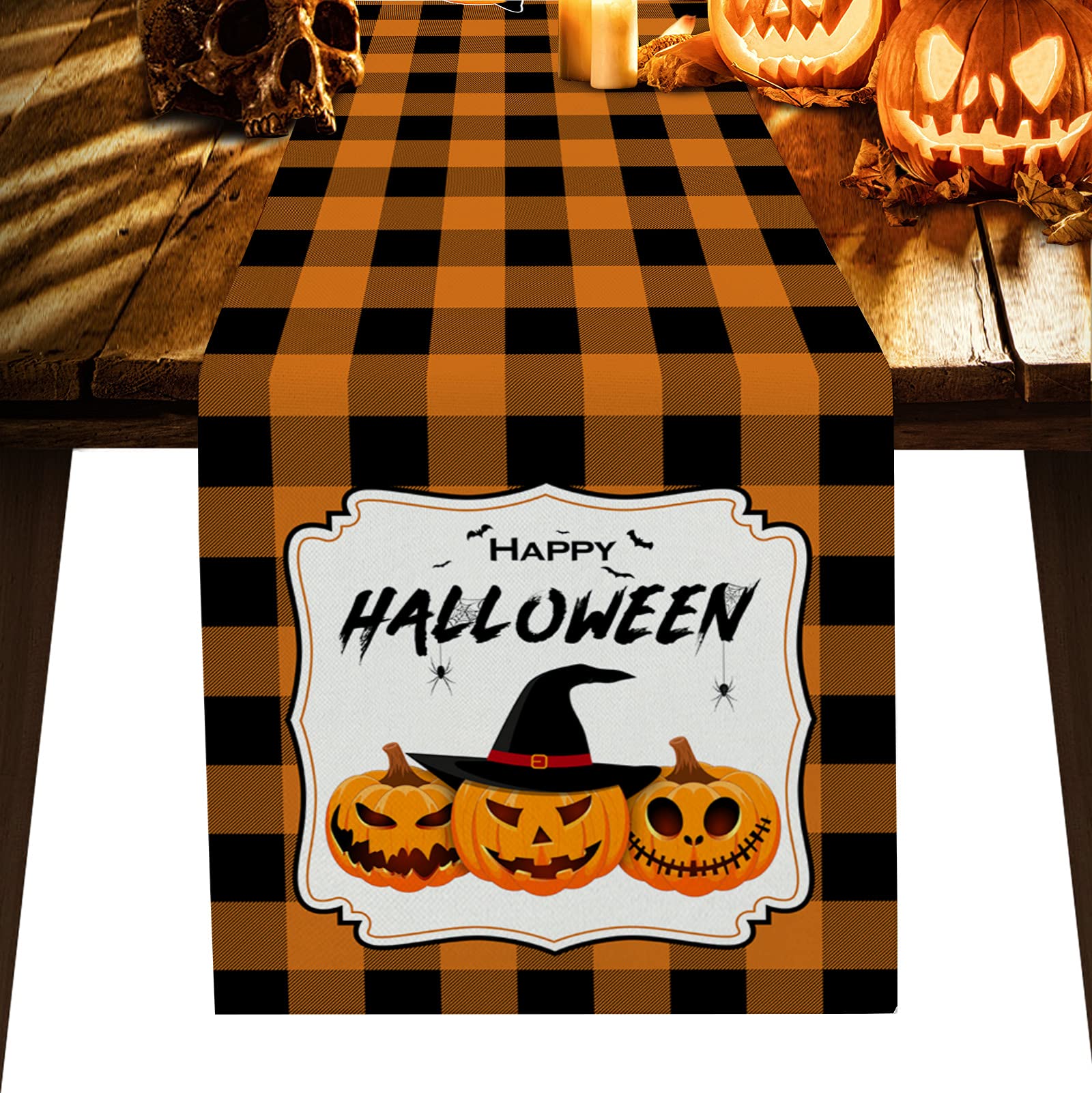 Halloween Witches Pumpkin Burlap Table Runner - 18x72in Farmhouse Spider Web Kitchen Decor for Holiday Parties, Weddings & Fall Gatherings | Orange Buffalo Check Plaid Table Decor for Dining Room, Buffet & Seasonal Events