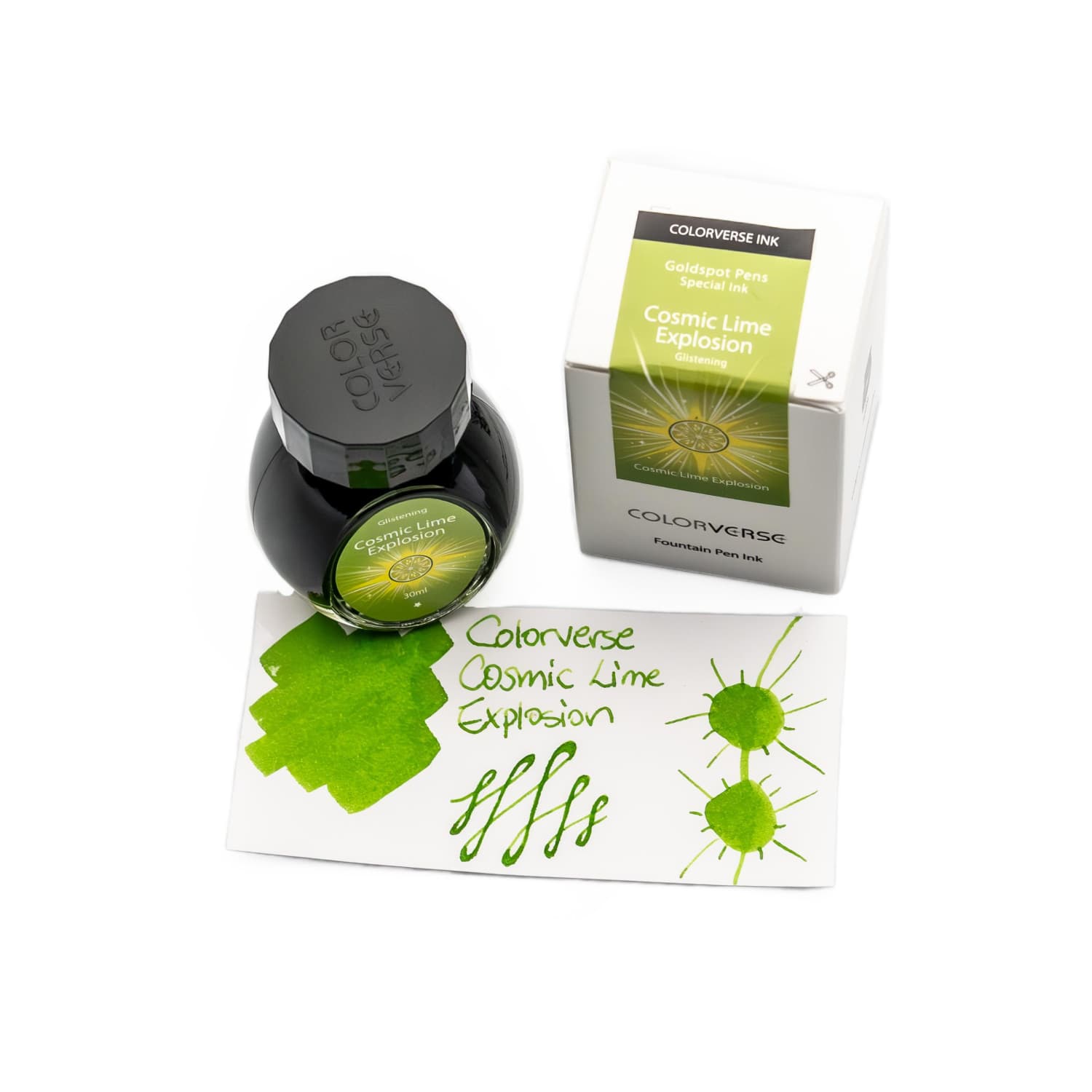 Colorverse x Goldspot Cosmic Lime Explosion Glistening Fountain Pen Ink - 30mL Bottle for Calligraphy, Journaling & Artistic Writing