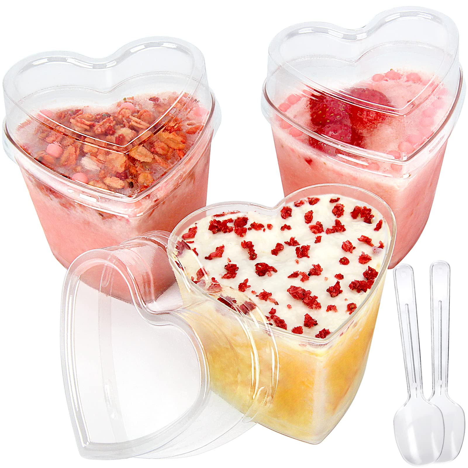 60 Pack 5 oz Clear Heart-Shaped Plastic Dessert Cups with Lids & Spoons - Perfect for Parfaits, Appetizers, Mother's Day Gifts, Weddings & Bridal Showers - Ideal for Party Serving, Holiday Events & Romantic Celebrations