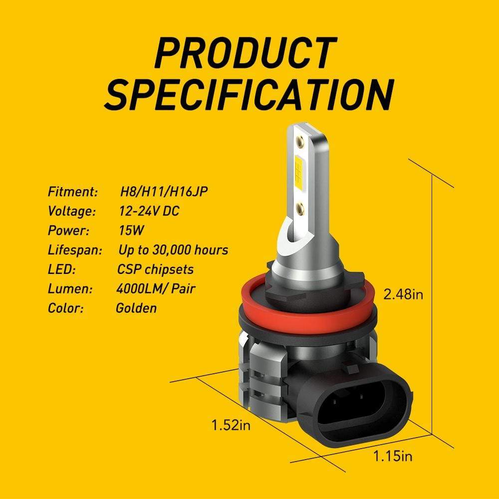 H11 H8 H9 H16 LED Fog Light Bulbs - 4000 Lumens Super Bright with CSP Chipsets - Golden Yellow DRL & Fog Light Replacement - Perfect for Off-Roading, Night Driving & Bad Weather Visibility
