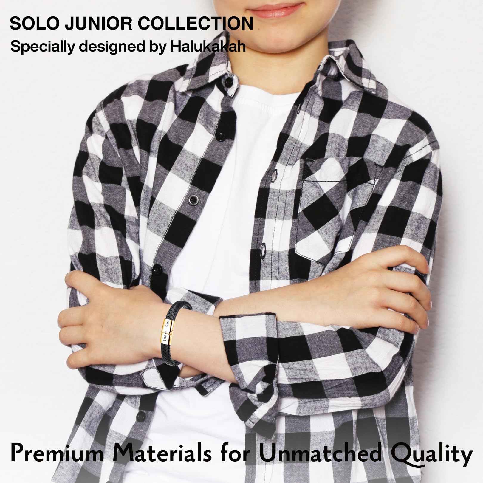 **Halukakah Kids Leather Bracelet for Boys - Classic Brown/Black, Magnetic Titanium Closure in Gold/Silver/Black, Adjustable 7