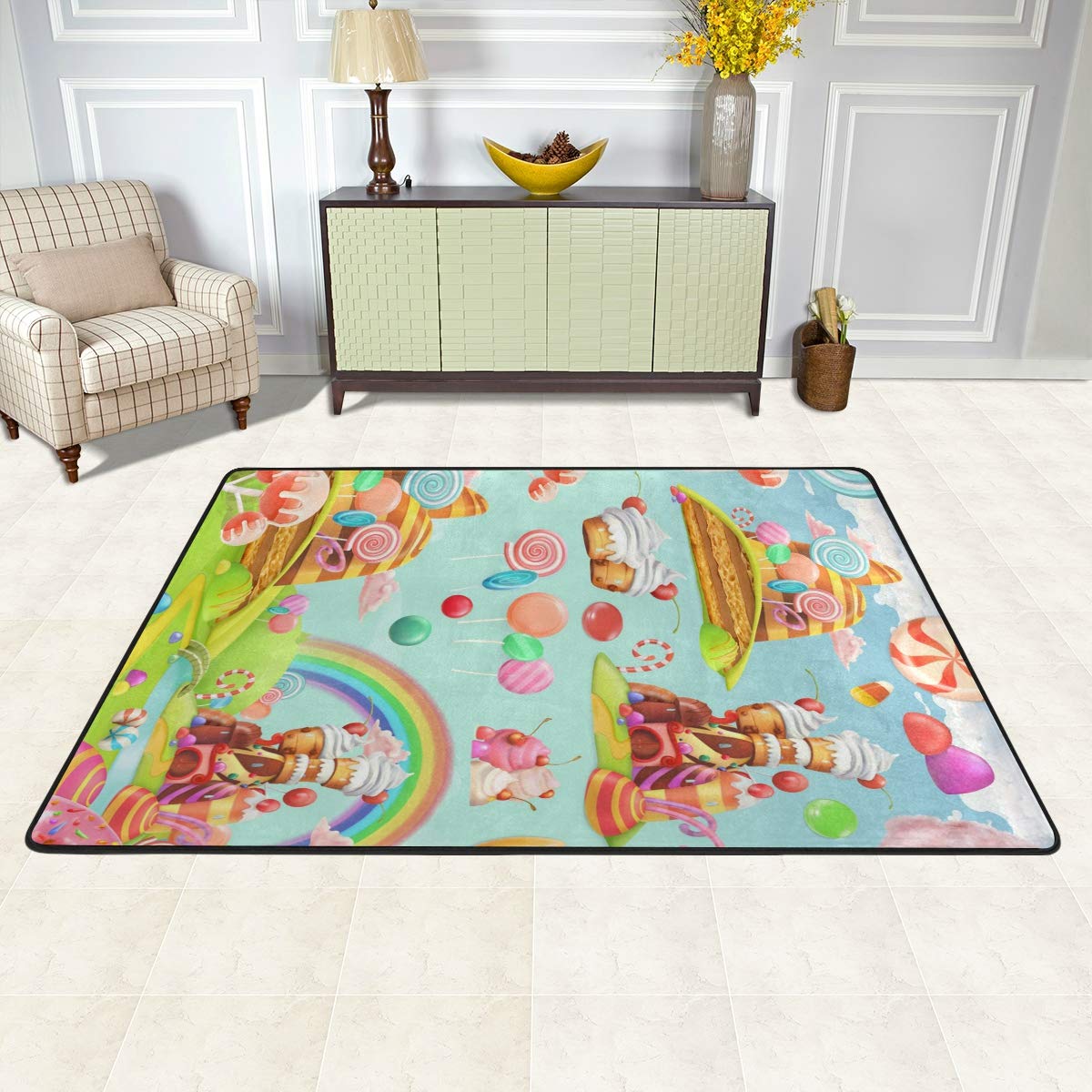 Sweet Candy Land Rainbow Area Rug 4x6 Feet - Non-Slip Soft Foam Play Mat for Kids Room, Nursery, Living Room & Bedroom Decor - Playtime, Learning & Comfort Flooring