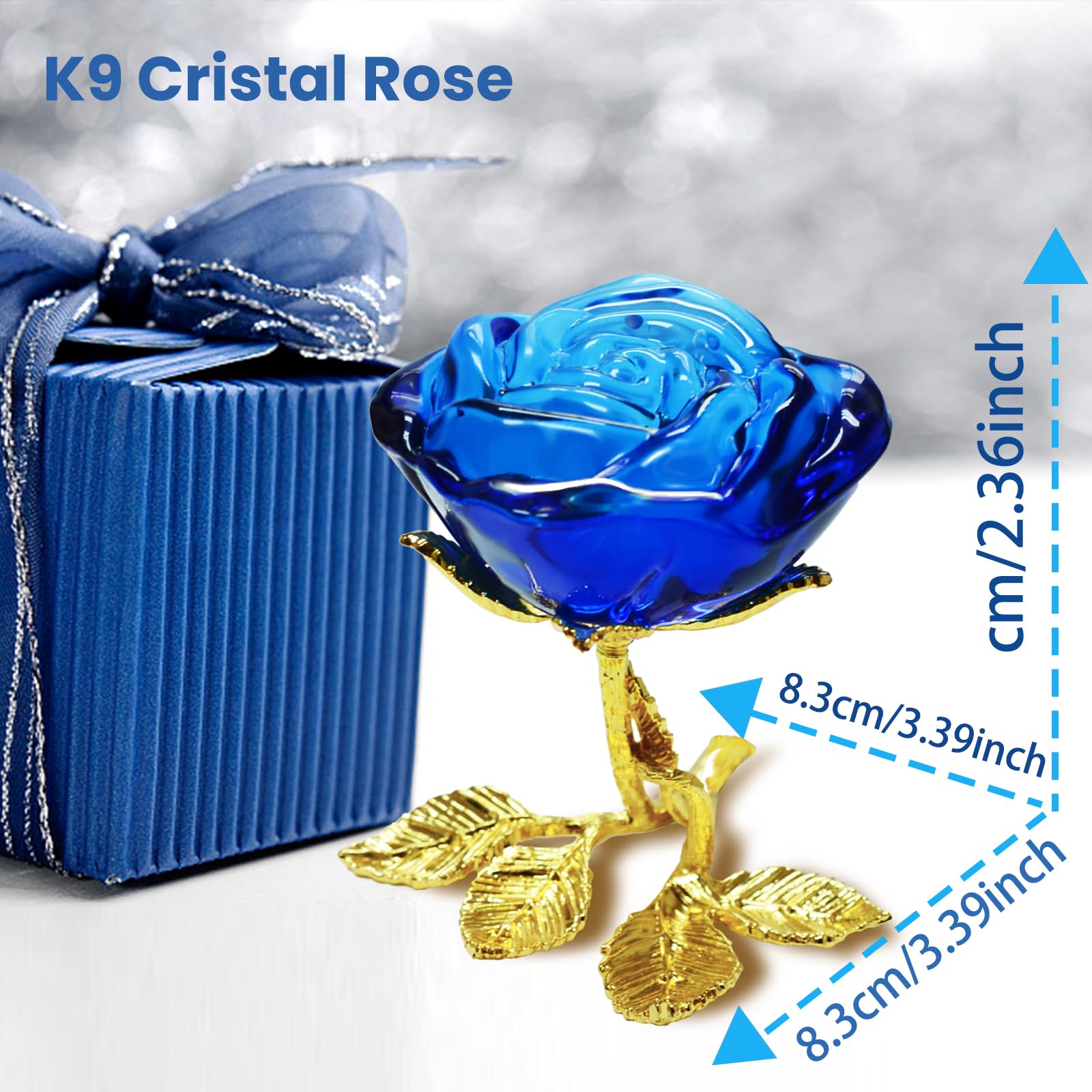 Blue Crystal Rose Gift for Women - Elegant Glass Rose with Golden Leaves, Unique Present for Girlfriend, Wife, Mom | Perfect for Valentine's Day, Mother's Day, Christmas, Birthday, Anniversary | Home Decor, Wedding Centerpiece, Romantic Gift Idea