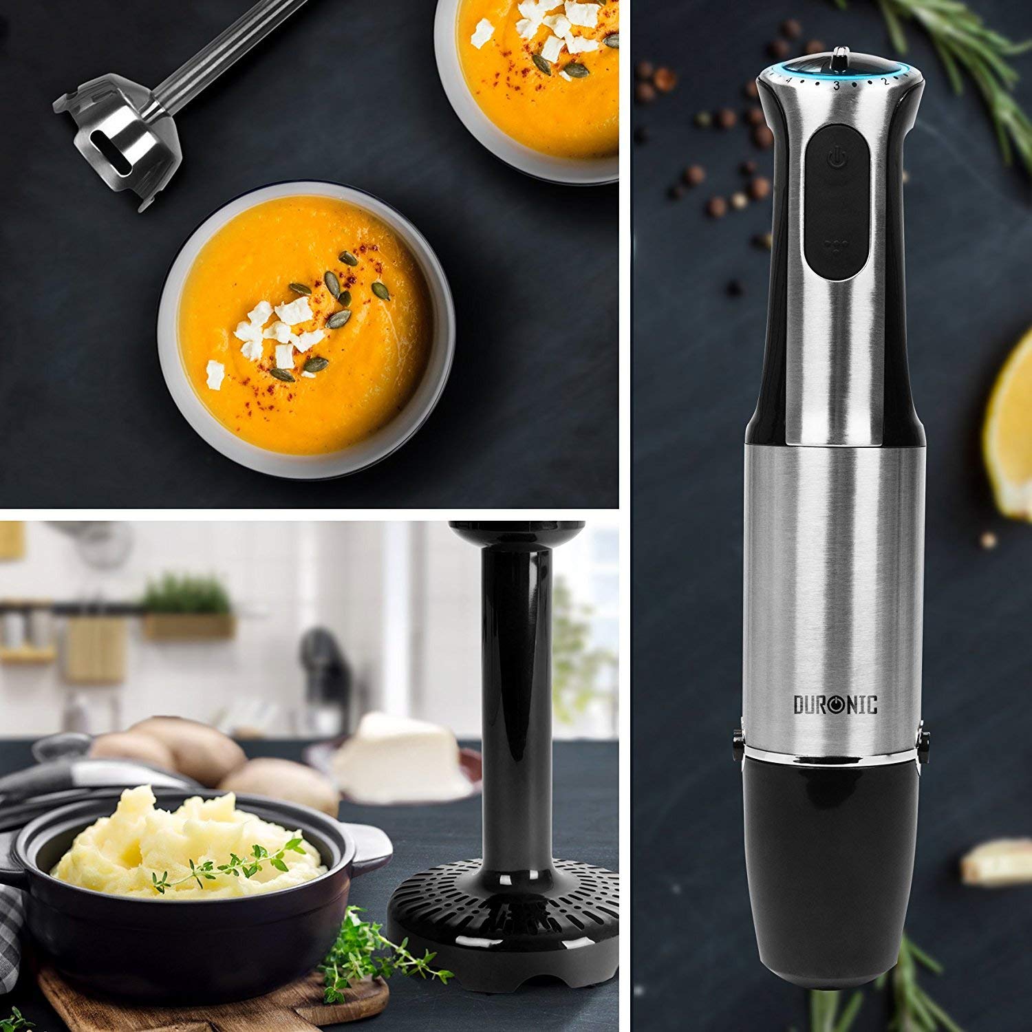 Duronic HB8010 500W Immersion Hand Blender - Powerful Stainless Steel Electric Stick Blender with Whisk, Chopper & 2 Storage Jugs - Perfect for Smoothies, Soups, Sauces & Baby Food - Black