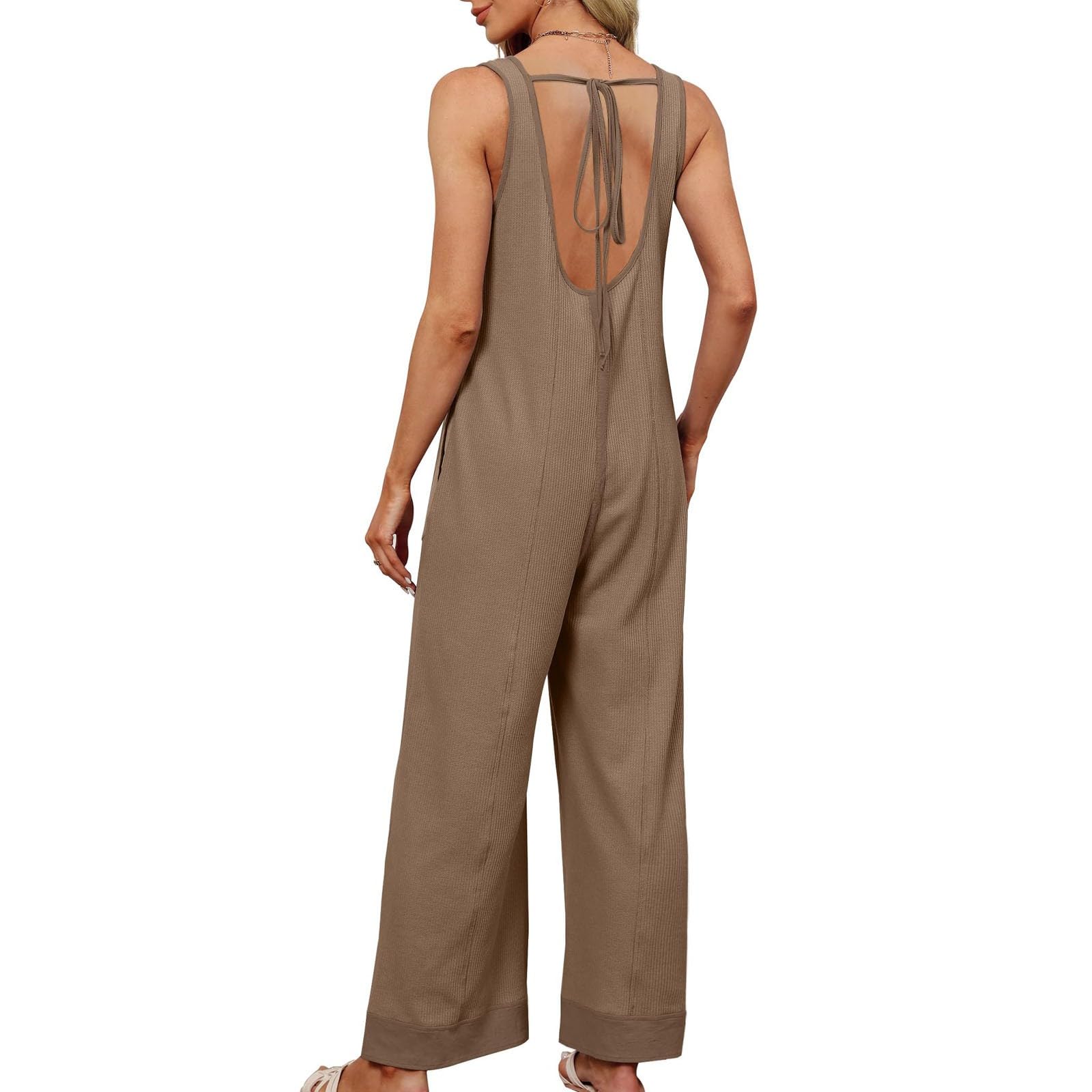 RKSTN Women's Fashion Waffle Knit Jumpsuit - 2024 Summer Casual Romper Overalls with Wide Leg Long Pants & Pockets | Perfect for Beach Outings, Streetwear & Vacation Travel