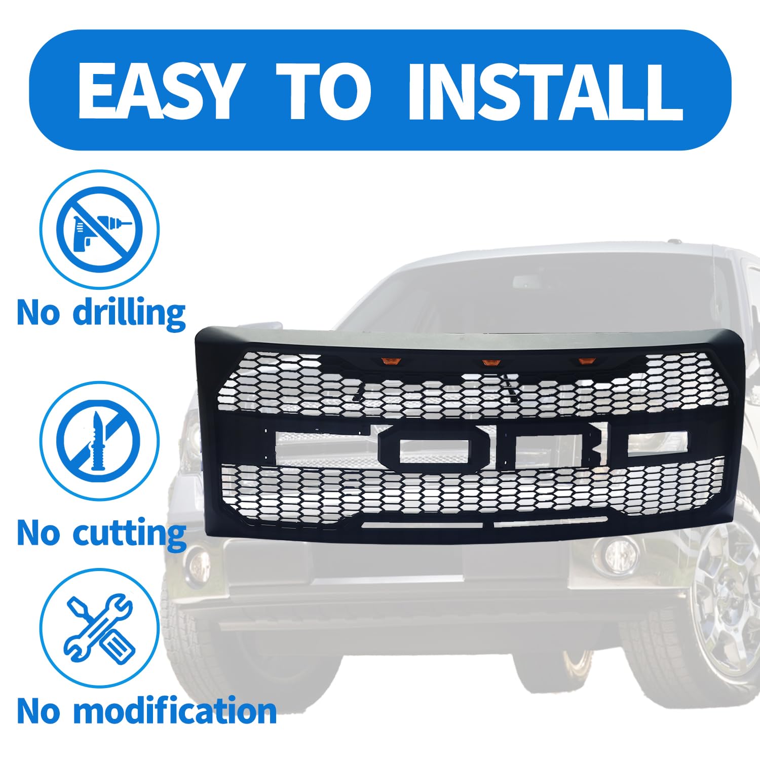 Ford F150 Front Grille Replacement (2009-2014) - Raptor Style Matte Black Mesh Grill with 3 Amber LED Lights | Upgrade for Off-Road & Truck Enthusiasts