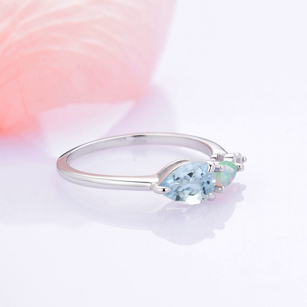 Natural Aquamarine & Australian Opal Sterling Silver Ring for Women - Elegant Birthstone Jewelry Gift for Wedding, Anniversary & Special Occasions