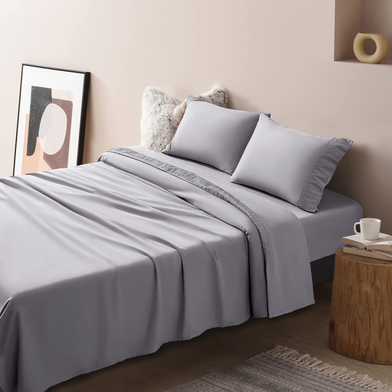 SONORO KATE King Bed Sheets Set - 1800 Thread Count, Cooling Microfiber, 4-Piece (Grey) for Luxury Comfort
